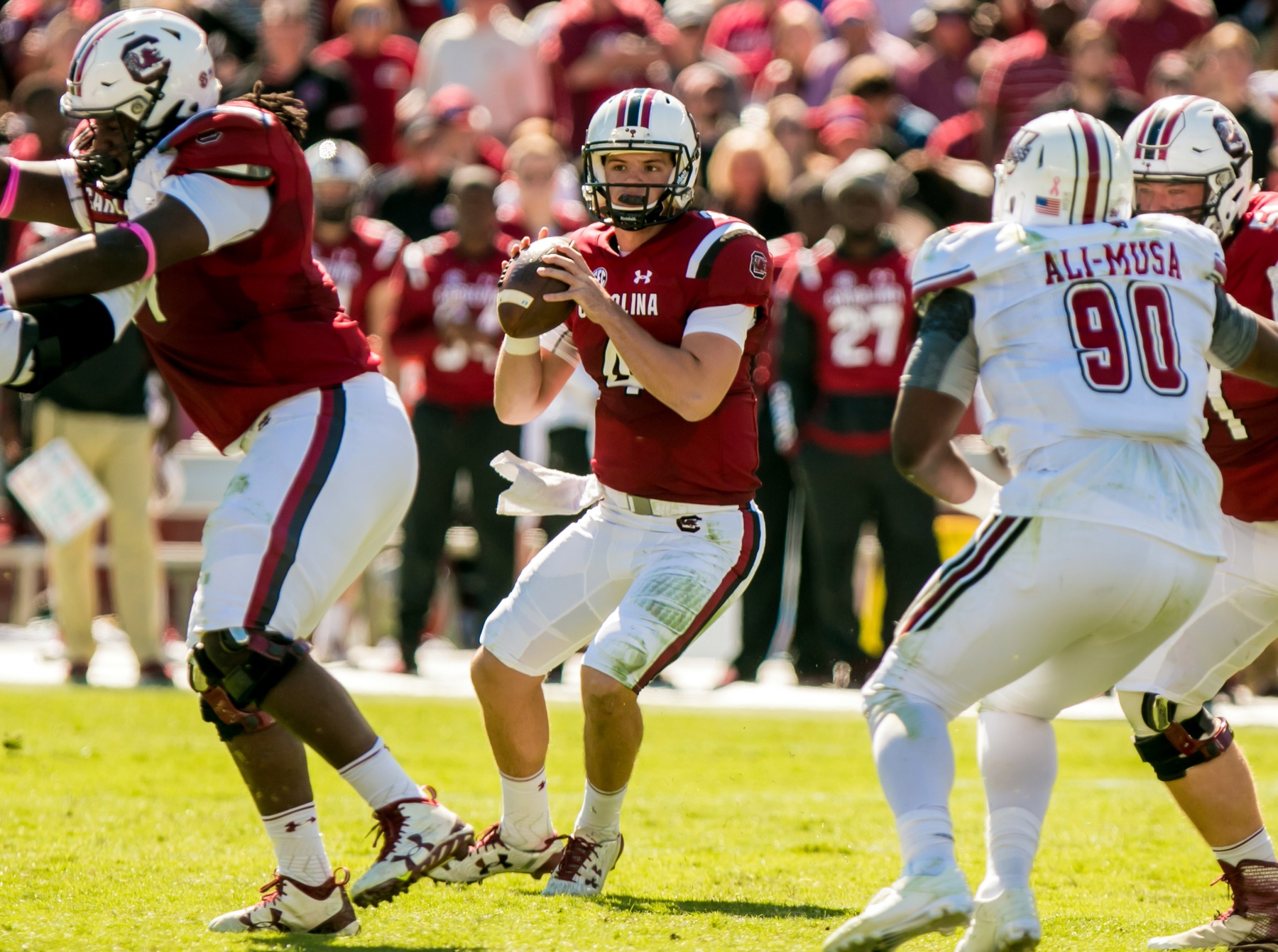 Oct 22, 2016; Columbia, SC, USA; South Carolina Gamecocks quarterback Jake Bentley (4) looks to pass against the Massachusetts Minutemen in the second quarter at Williams-Brice Stadium. Mandatory Credit: Jeff Blake-USA TODAY Sports