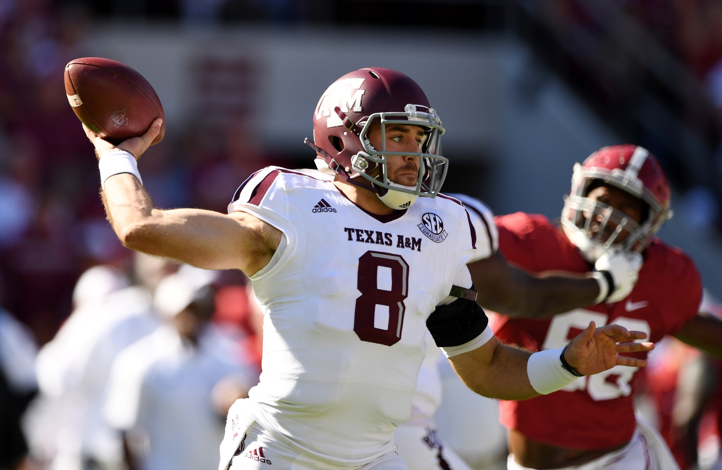 Oct 22, 2016; Tuscaloosa, AL, USA; Texas A&M Aggies quarterback Trevor Knight (8) passing against the Alabama Crimson Tide during the first quarter at Bryant-Denny Stadium. Mandatory Credit: John David Mercer-USA TODAY Sports