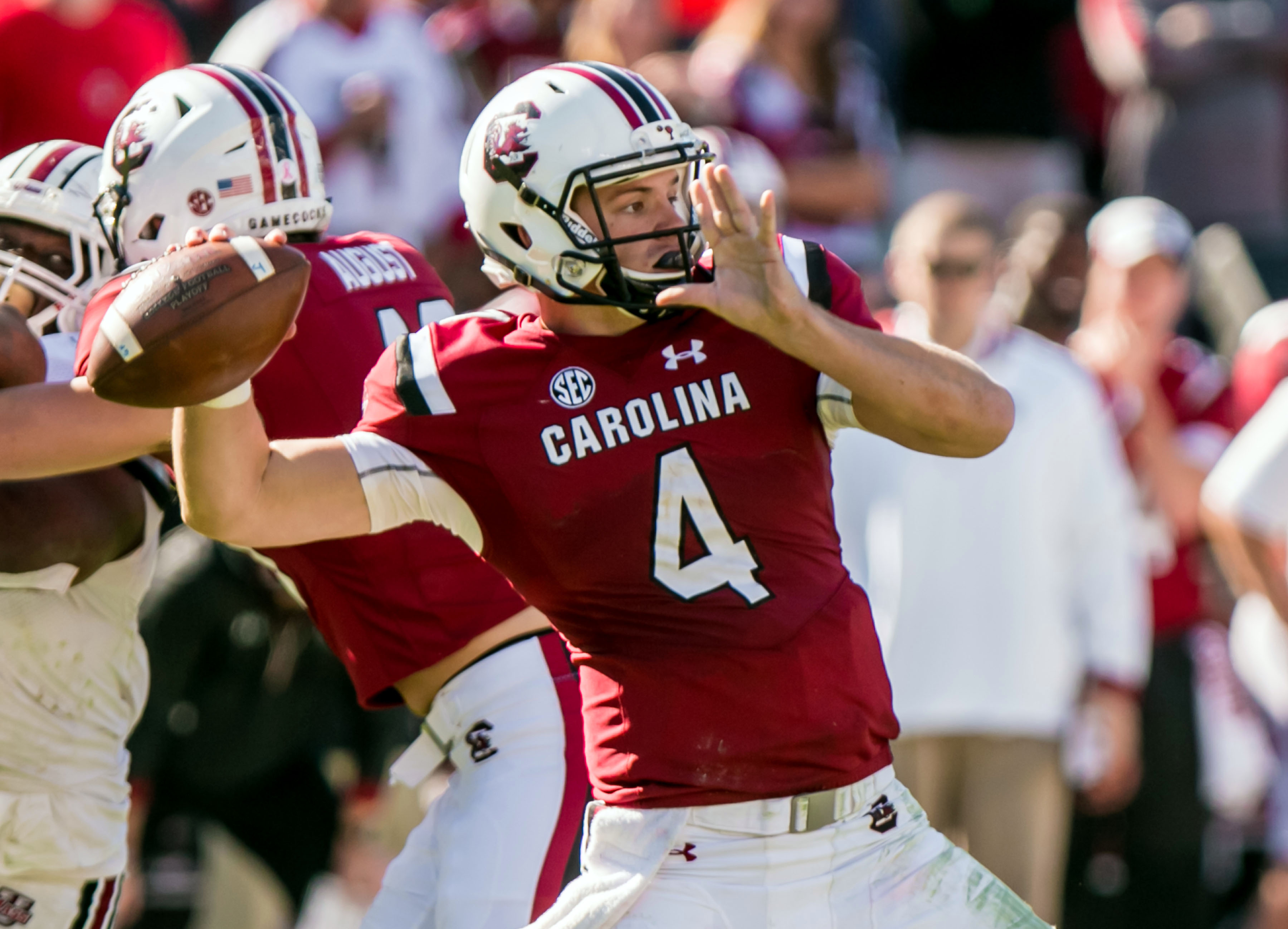 Oct 22, 2016; Columbia, SC, USA; South Carolina Gamecocks quarterback Jake Bentley (4) passes against the Massachusetts Minutemen in the second half at Williams-Brice Stadium. Mandatory Credit: Jeff Blake-USA TODAY Sports