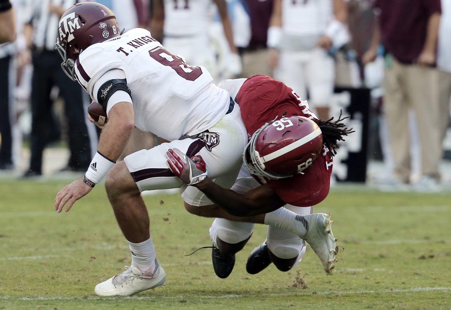 Oct 22, 2016; Tuscaloosa, AL, USA; Alabama Crimson Tide linebacker Tim Williams (56) sacks Texas A&M Aggies quarterback Trevor Knight (8) at Bryant-Denny Stadium. Mandatory Credit: Marvin Gentry-USA TODAY Sports