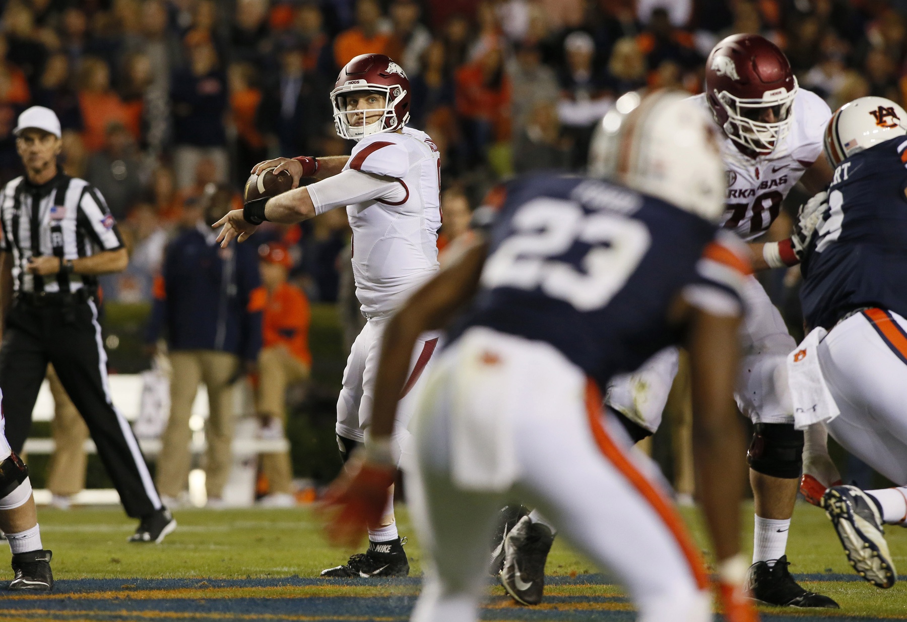 Oct 22, 2016; Auburn, AL, USA; Arkansas Razorbacks quarterback Austin Allen (8) looks for a receiver during the third quarter against the Auburn Tigers at Jordan Hare Stadium. The Tigers beat the Razorbacks 56-3. Mandatory Credit: John Reed-USA TODAY Sports