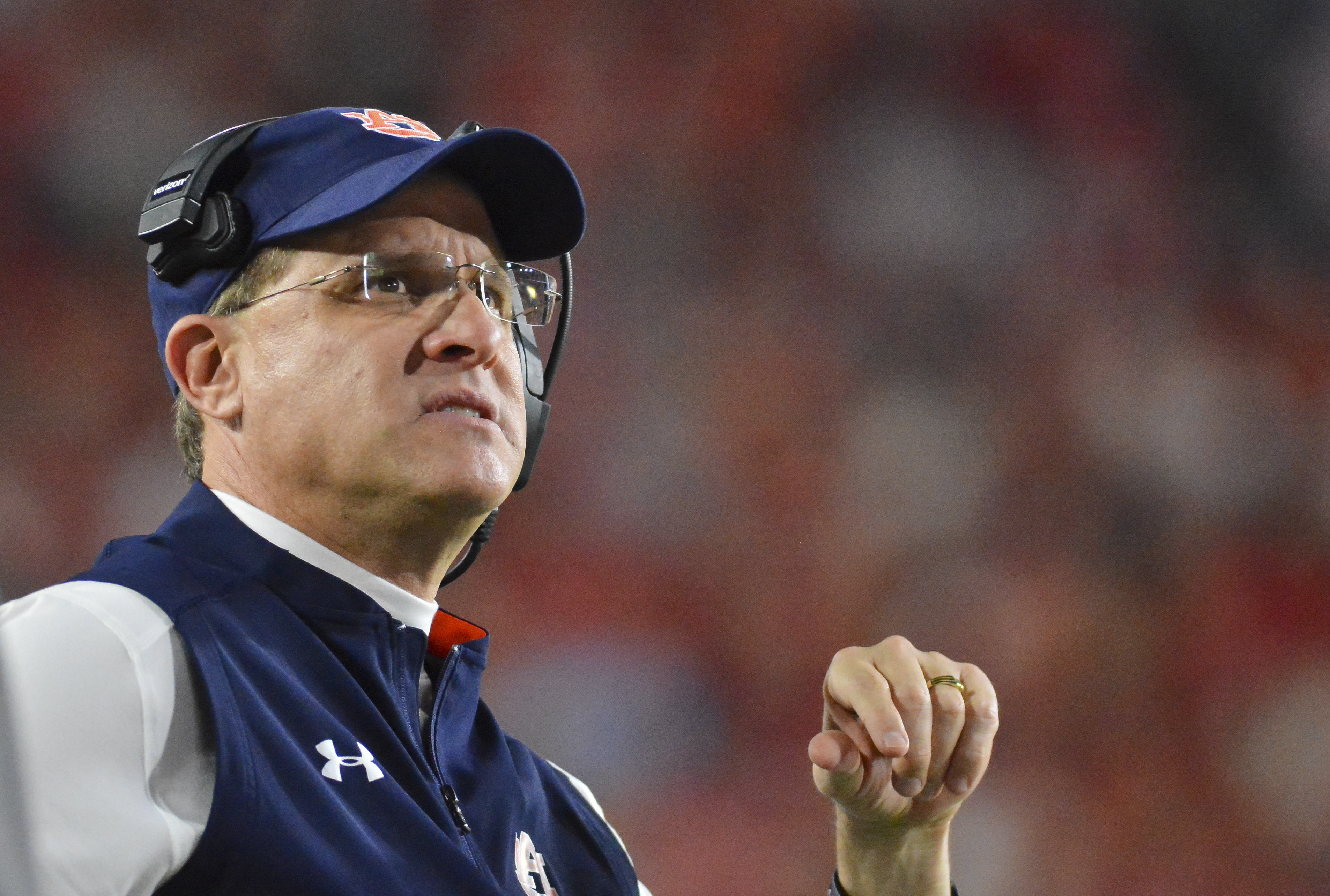 Oct 29, 2016; Oxford, MS, USA; Auburn Tigers head coach Gus Malzahn looks on during the first quarter of the game against the Mississippi Rebels at Vaught-Hemingway Stadium. Mandatory Credit: Matt Bush-USA TODAY Sports
