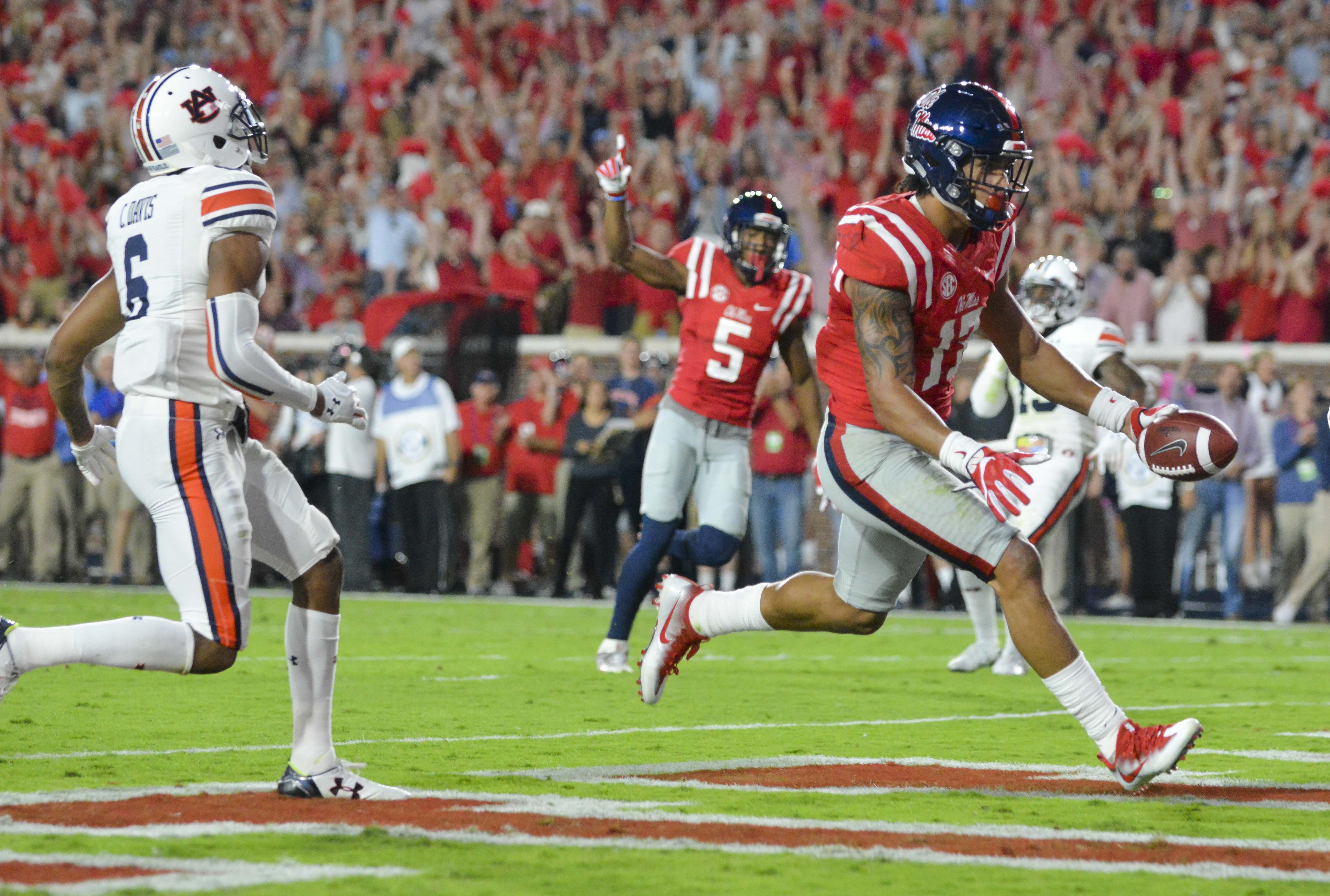 Oct 29, 2016; Oxford, MS, USA; Mississippi Rebels tight end Evan Engram (17) scores a touchdown during the first quarter of the game against the Auburn Tigers at Vaught-Hemingway Stadium. Mandatory Credit: Matt Bush-USA TODAY Sports