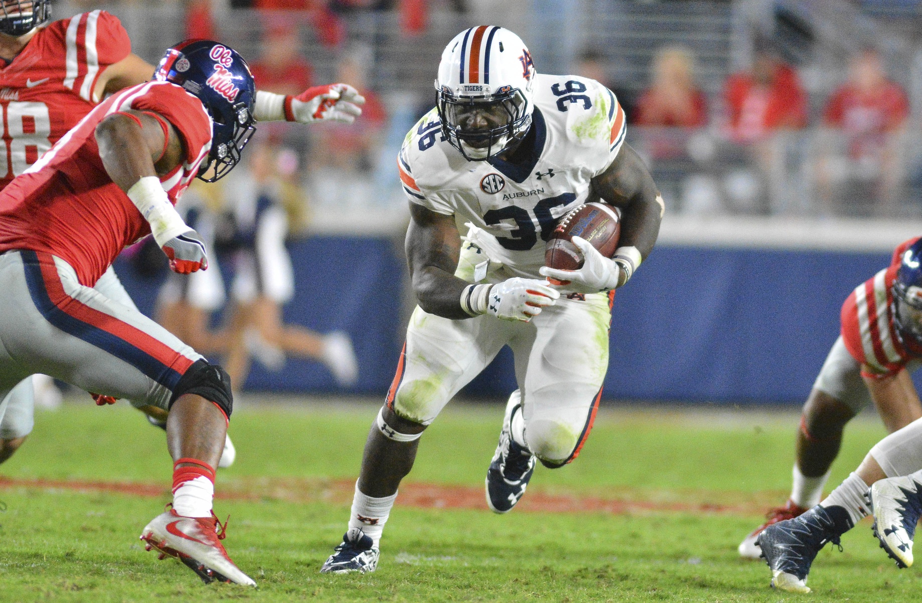 Oct 29, 2016; Oxford, MS, USA; Auburn Tigers running back Kamryn Pettway (36) runs the ball during the second half of the game against the Mississippi Rebels at Vaught-Hemingway Stadium. Auburn won 40-29. Mandatory Credit: Matt Bush-USA TODAY Sports