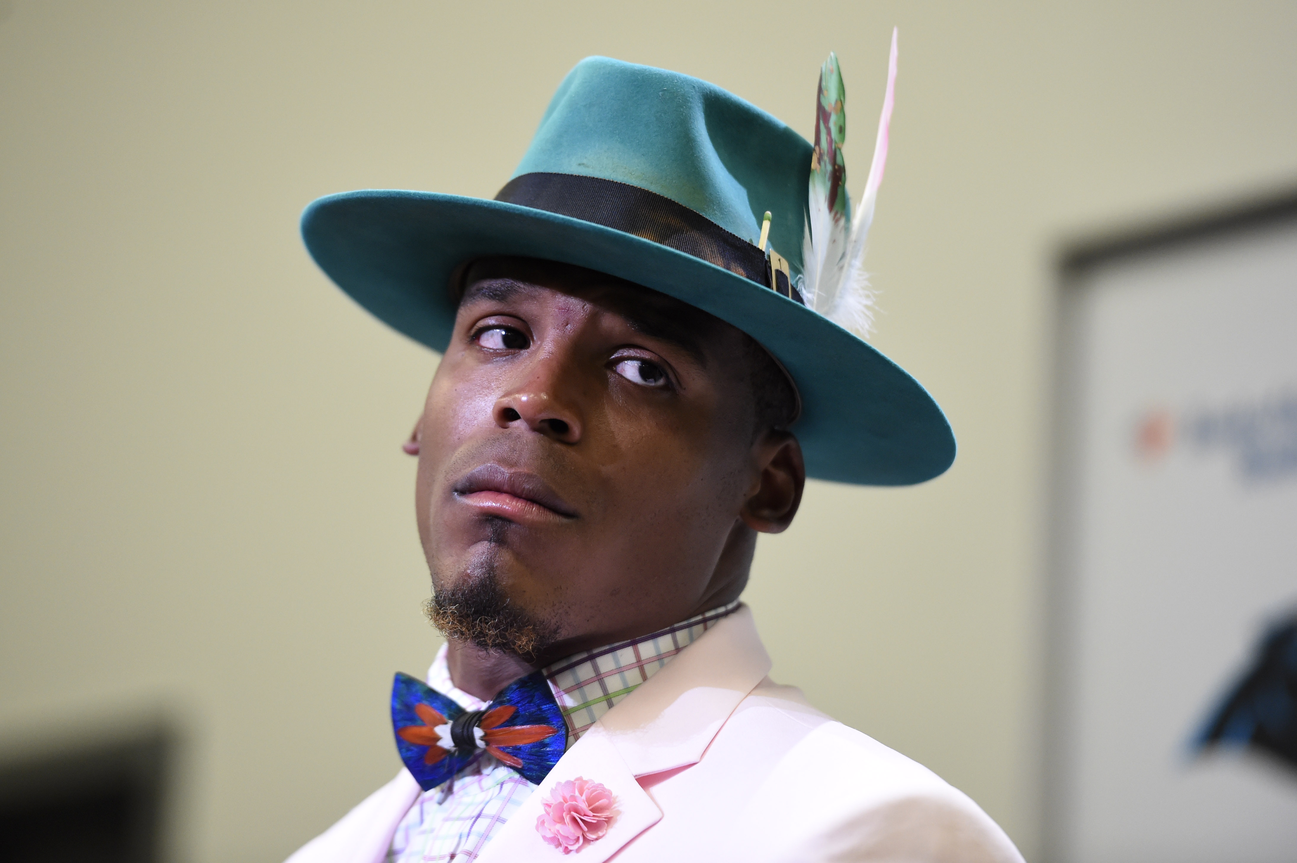 Oct 30, 2016; Charlotte, NC, USA; Carolina Panthers quarterback Cam Newton (1) in the press conference after the game. The Panther defeated the Cardinals 30-20 at Bank of America Stadium. Mandatory Credit: Bob Donnan-USA TODAY Sports