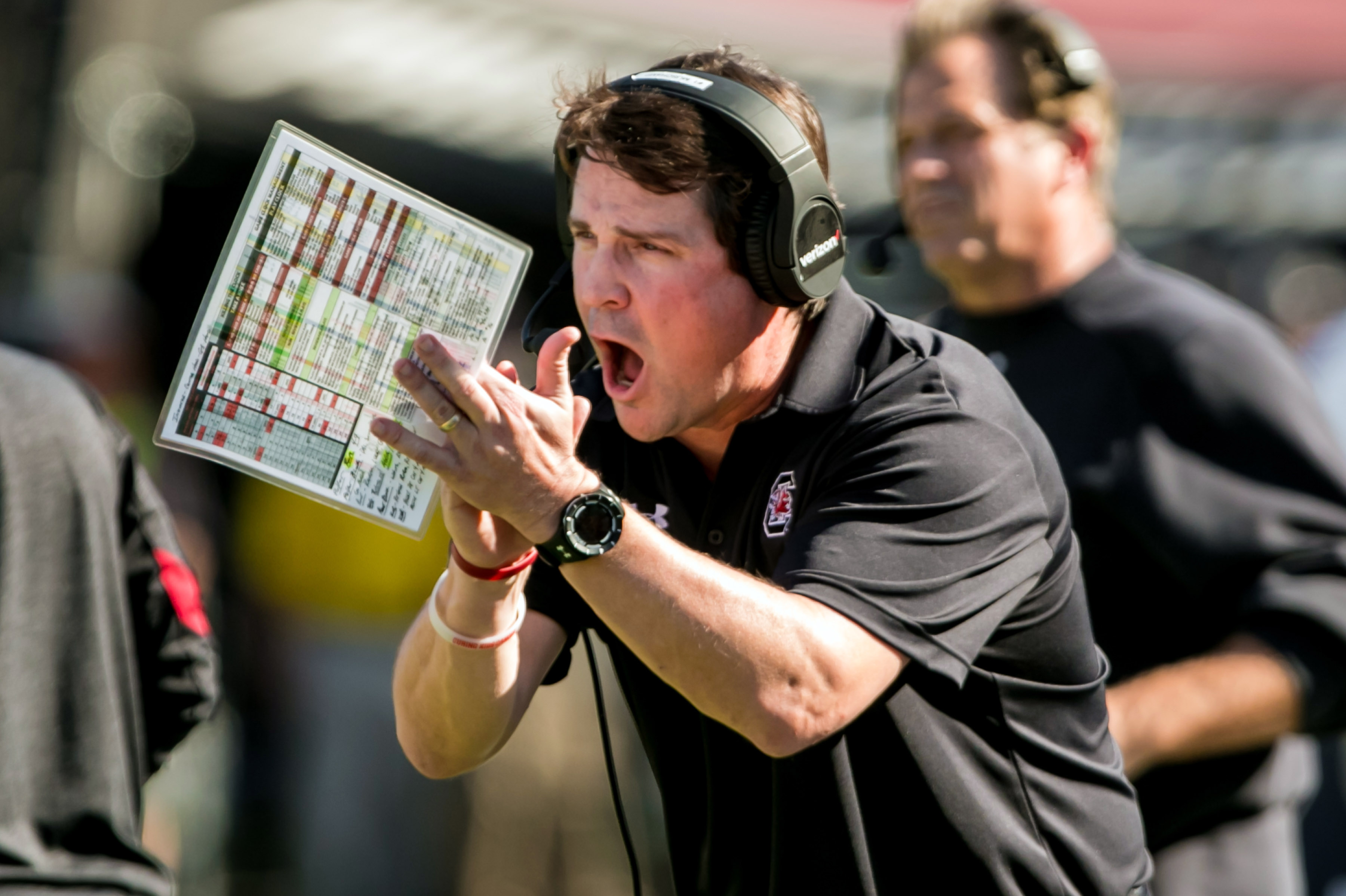 Oct 1, 2016; Columbia, SC, USA; South Carolina Gamecocks head coach Will Muschamp directs his team against the Texas A&M Aggies at Williams-Brice Stadium. Mandatory Credit: Jeff Blake-USA TODAY Sports