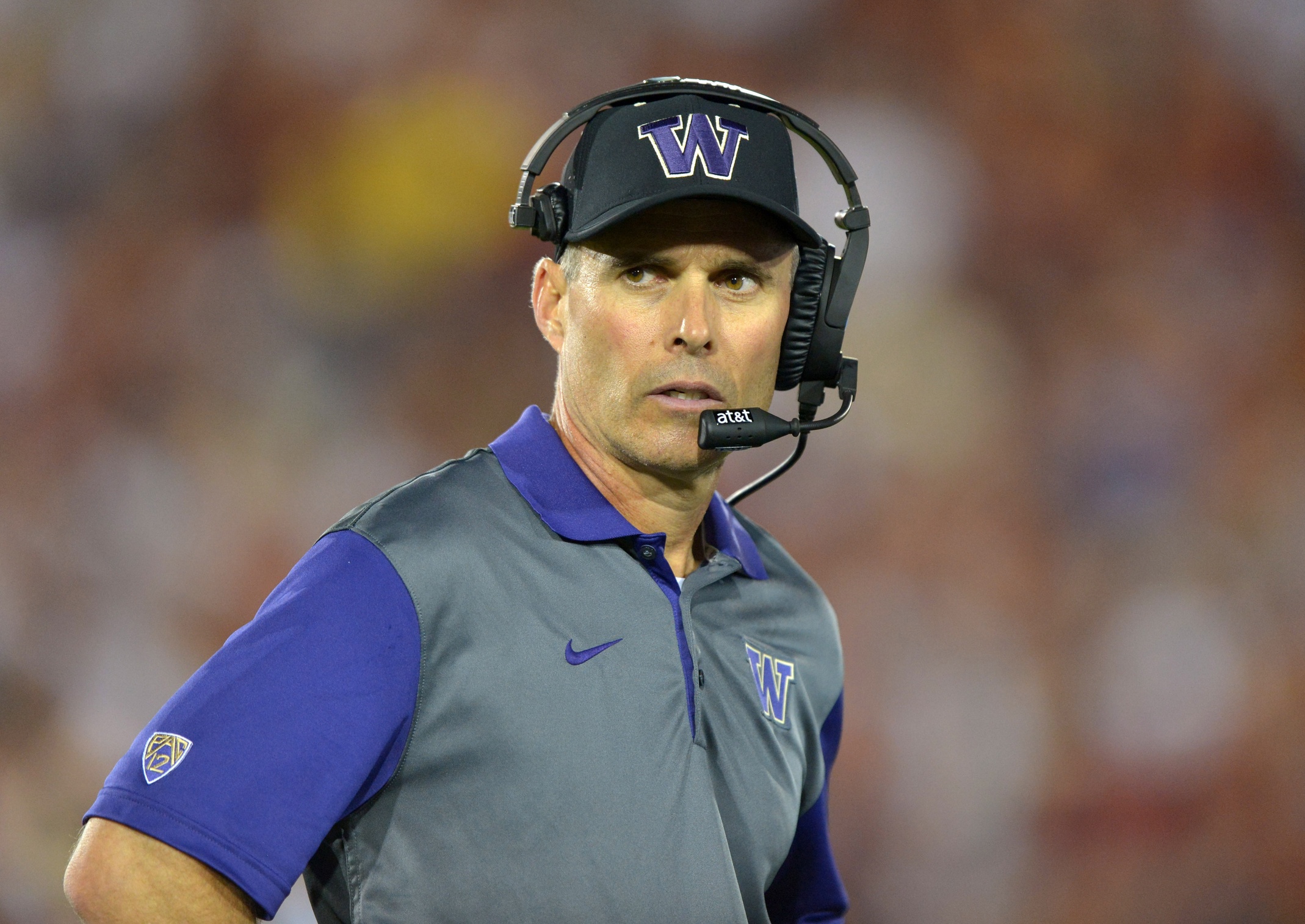 Oct 8, 2015; Los Angeles, CA, USA; Washington Huskies coach Chris Peterson reacts during the game against the Southern California Trojans at Los Angeles Memorial Coliseum. Mandatory Credit: Kirby Lee-USA TODAY Sports