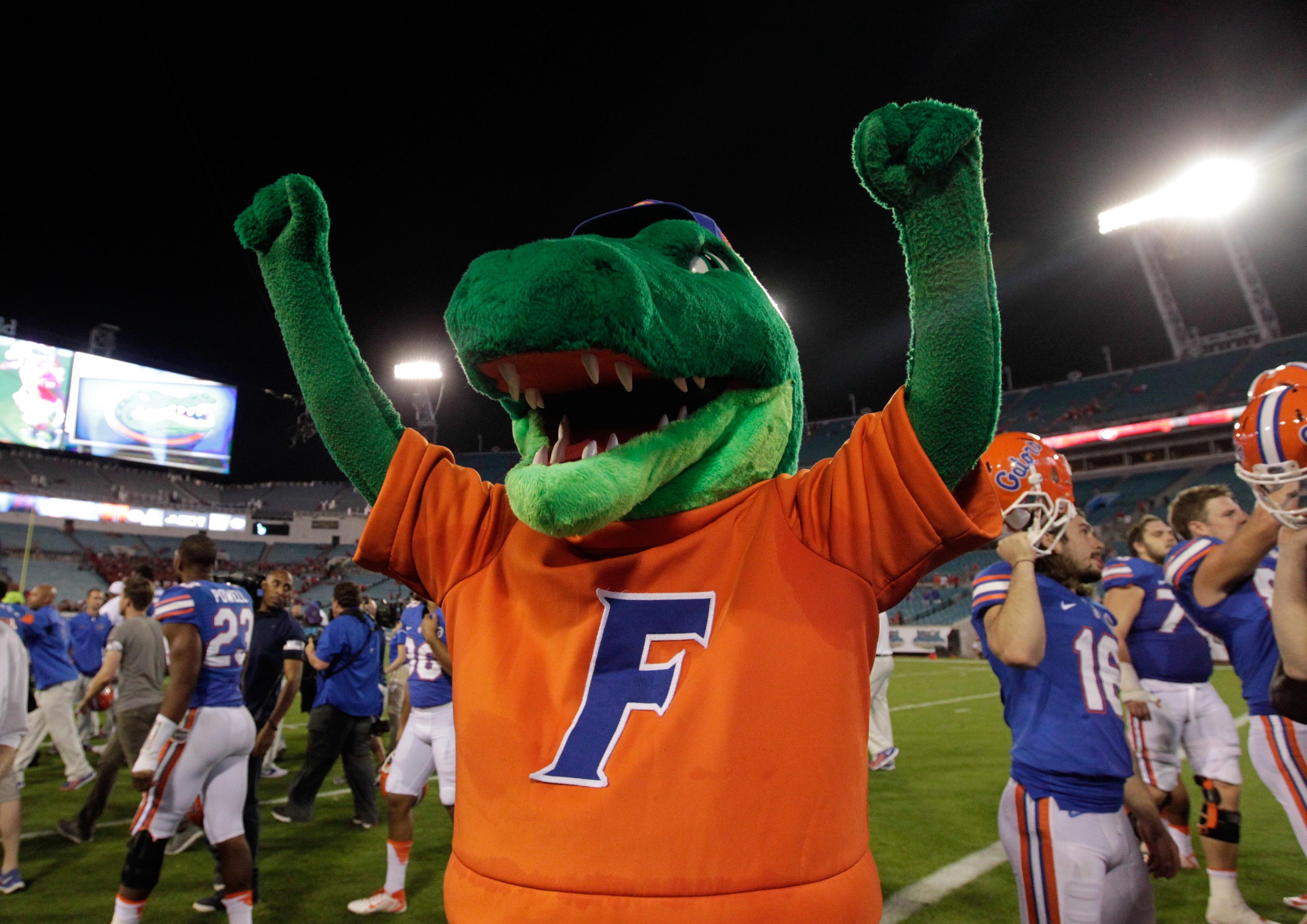 Oct 31, 2015; Jacksonville, FL, USA; Florida Gators mascot, Albert, and teammates celebrate as they beat the Georgia Bulldogs at EverBank Stadium. Florida Gators defeated the Georgia Bulldogs 27-3. Mandatory Credit: Kim Klement-USA TODAY Sports