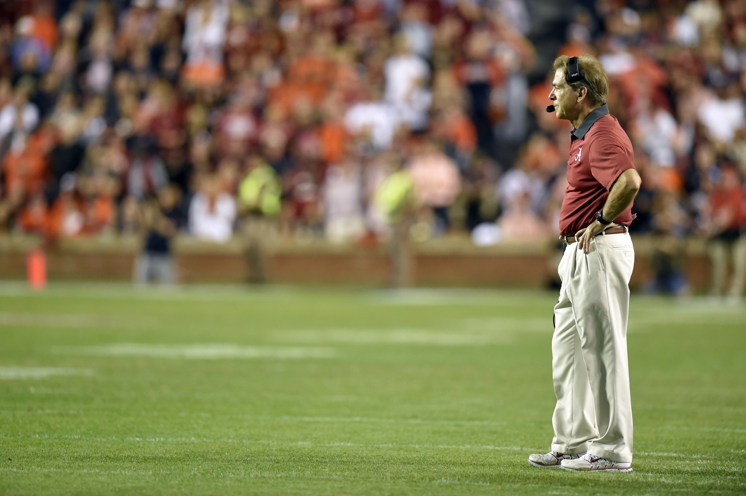 Nov 28, 2015; Auburn, AL, USA; Alabama Crimson Tide head coach Nick Saban waits for a play under review against the Auburn Tigers during the fourth quarter at Jordan Hare Stadium. Alabama defeated Auburn 29-13. Mandatory Credit: John David Mercer-USA TODAY Sports