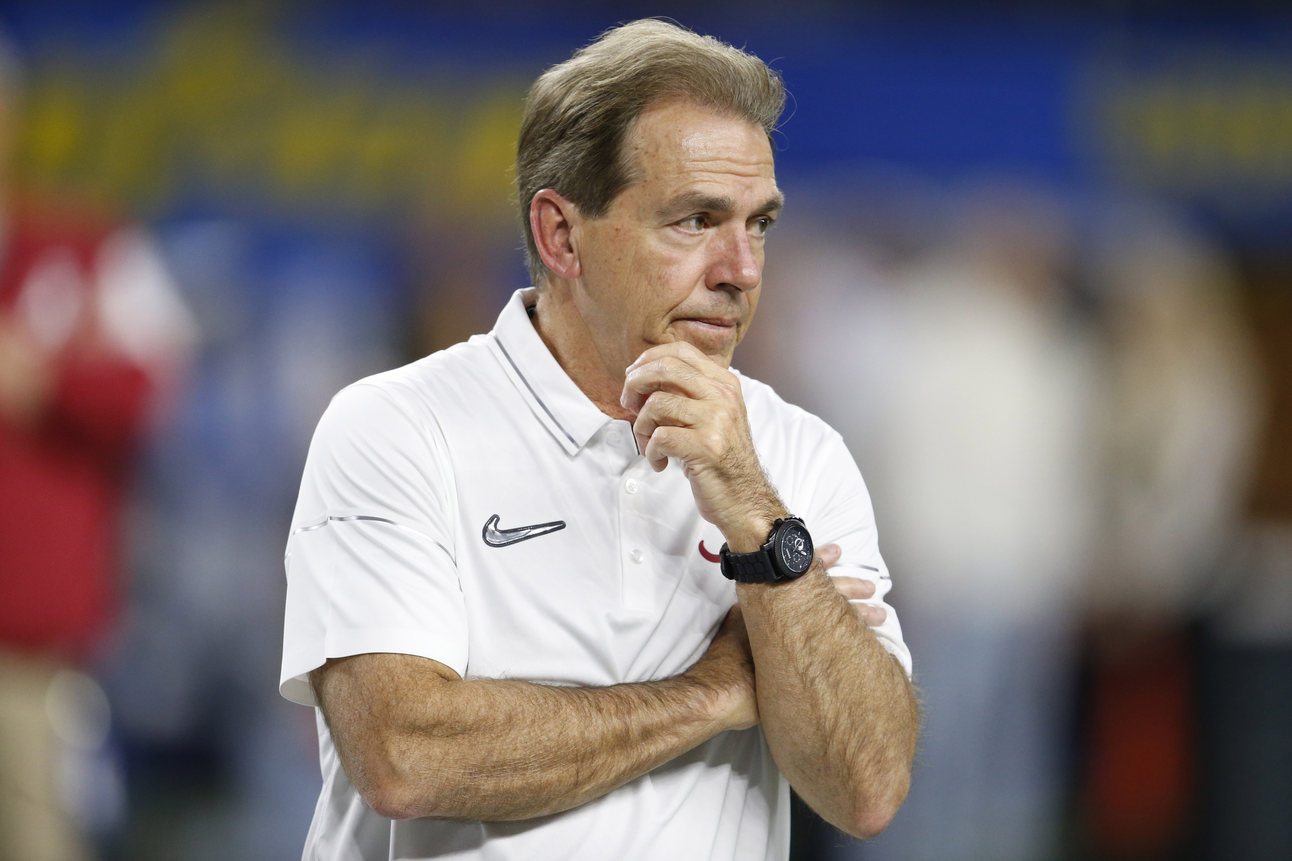 Dec 31, 2015; Arlington, TX, USA; Alabama Crimson Tide head coach Nick Saban before the 2015 CFP semifinal at the Cotton Bowl against the Michigan State Spartans at AT&T Stadium. Mandatory Credit: Matthew Emmons-USA TODAY Sports