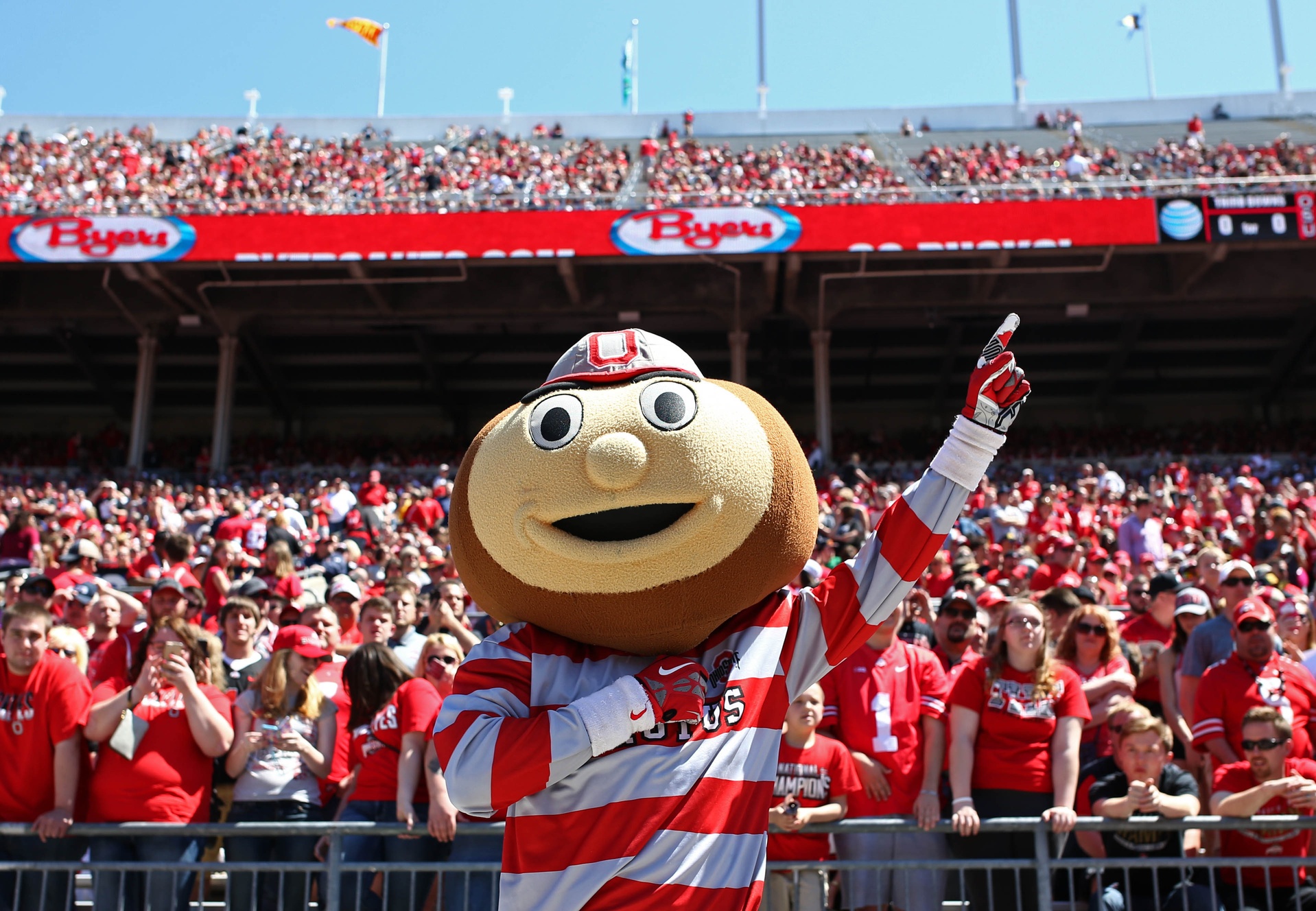Apr 16, 2016; Columbus, OH, USA; Ohio State Scarlet mascot Brutus performs during the Ohio State Spring Game at Ohio Stadium. Mandatory Credit: Aaron Doster-USA TODAY Sports