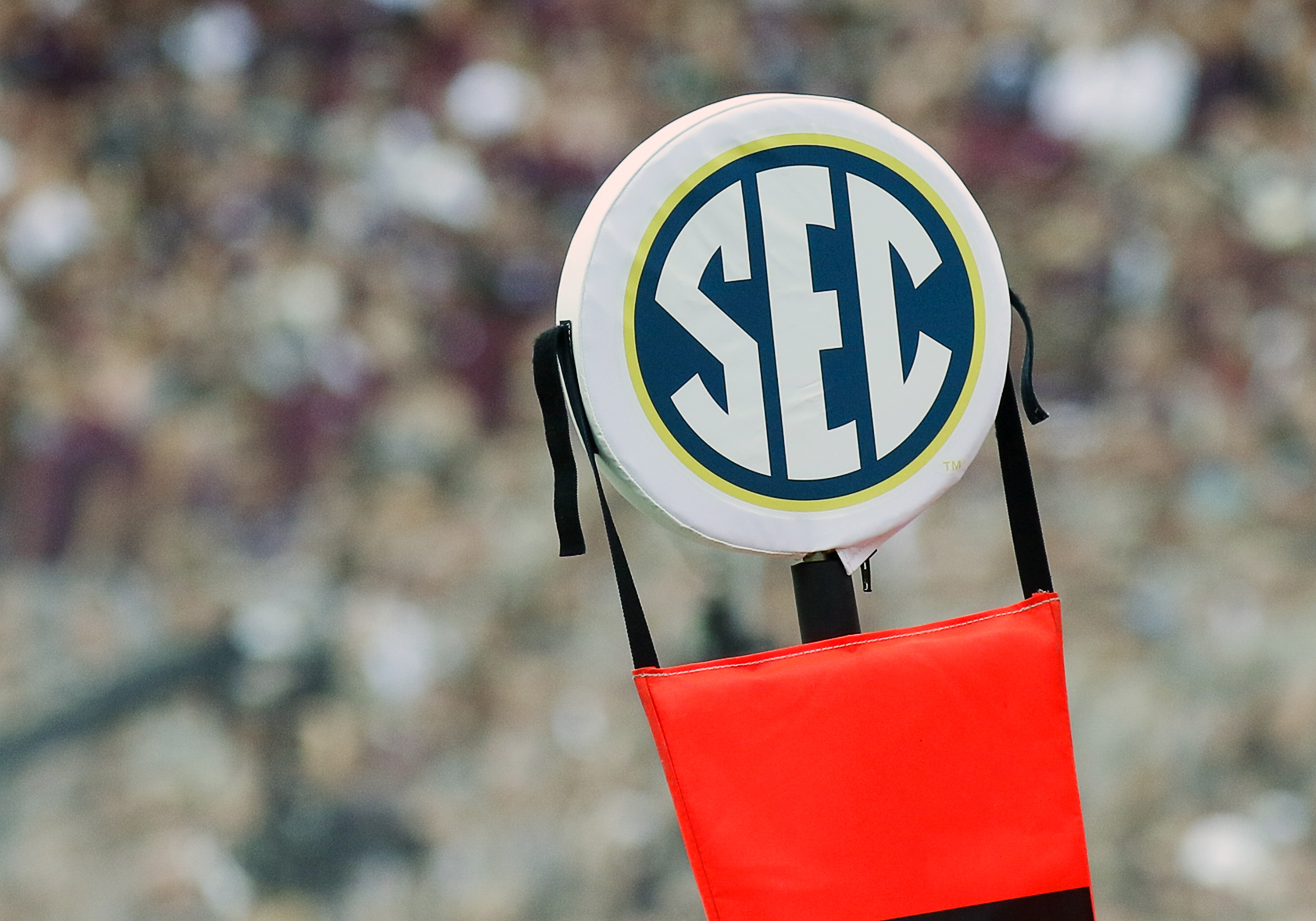 Sep 3, 2016; College Station, TX, USA; The SEC logo on the chains during a game between the Texas A&M Aggies and the UCLA Bruins at Kyle Field. Texas A&M won in overtime 31-24. Mandatory Credit: Ray Carlin-USA TODAY Sports