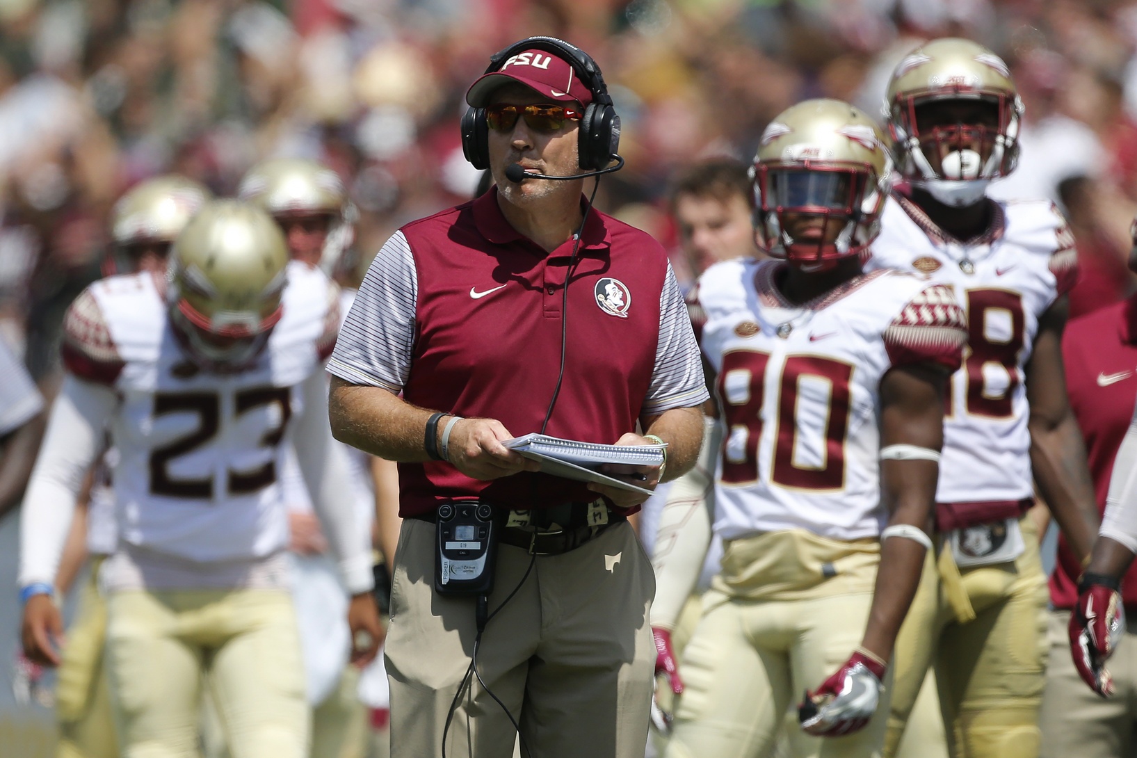 Sep 24, 2016; Tampa, FL, USA; Florida State Seminoles head coach Jimbo Fisher looks on from the bench in the second quarter against the South Florida Bulls at Raymond James Stadium. Mandatory Credit: Logan Bowles-USA TODAY Sports