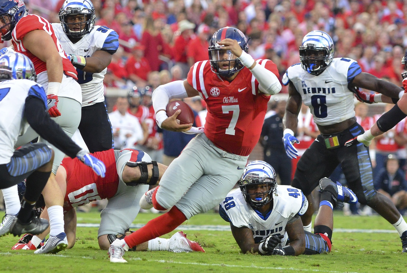 Oct 1, 2016; Oxford, MS, USA; Mississippi Rebels quarterback Jason Pellerin (7) runs the ball during the first quarter of the game against the Memphis Tigers at Vaught-Hemingway Stadium. Mandatory Credit: Matt Bush-USA TODAY Sports