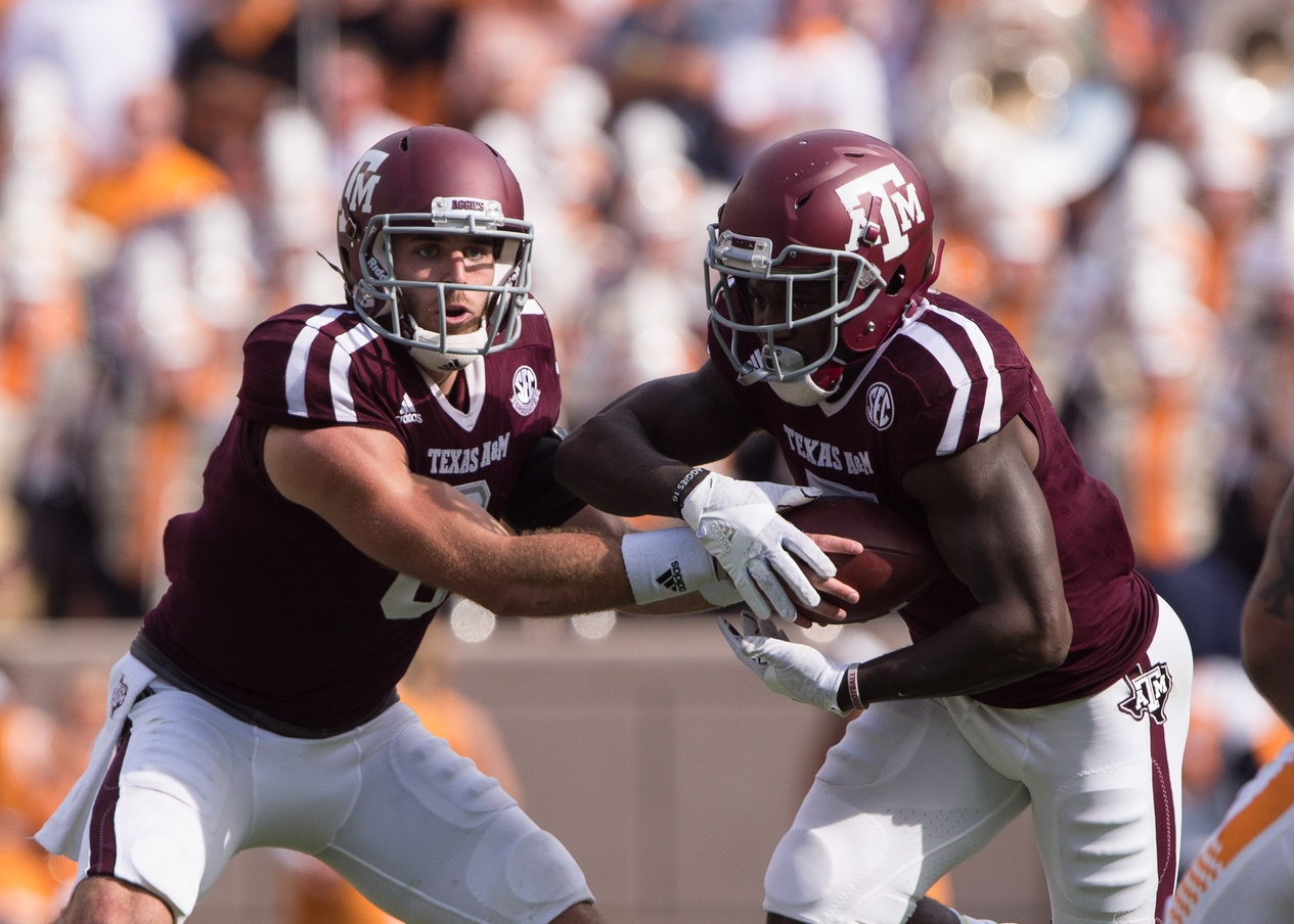 Oct 8, 2016; College Station, TX, USA; Texas A&M Aggies quarterback Trevor Knight (8) and running back Keith Ford (7) during the game against the Tennessee Volunteers at Kyle Field. The Aggies defeat the Volunteers 45-38 in overtime. Mandatory Credit: Jerome Miron-USA TODAY Sports