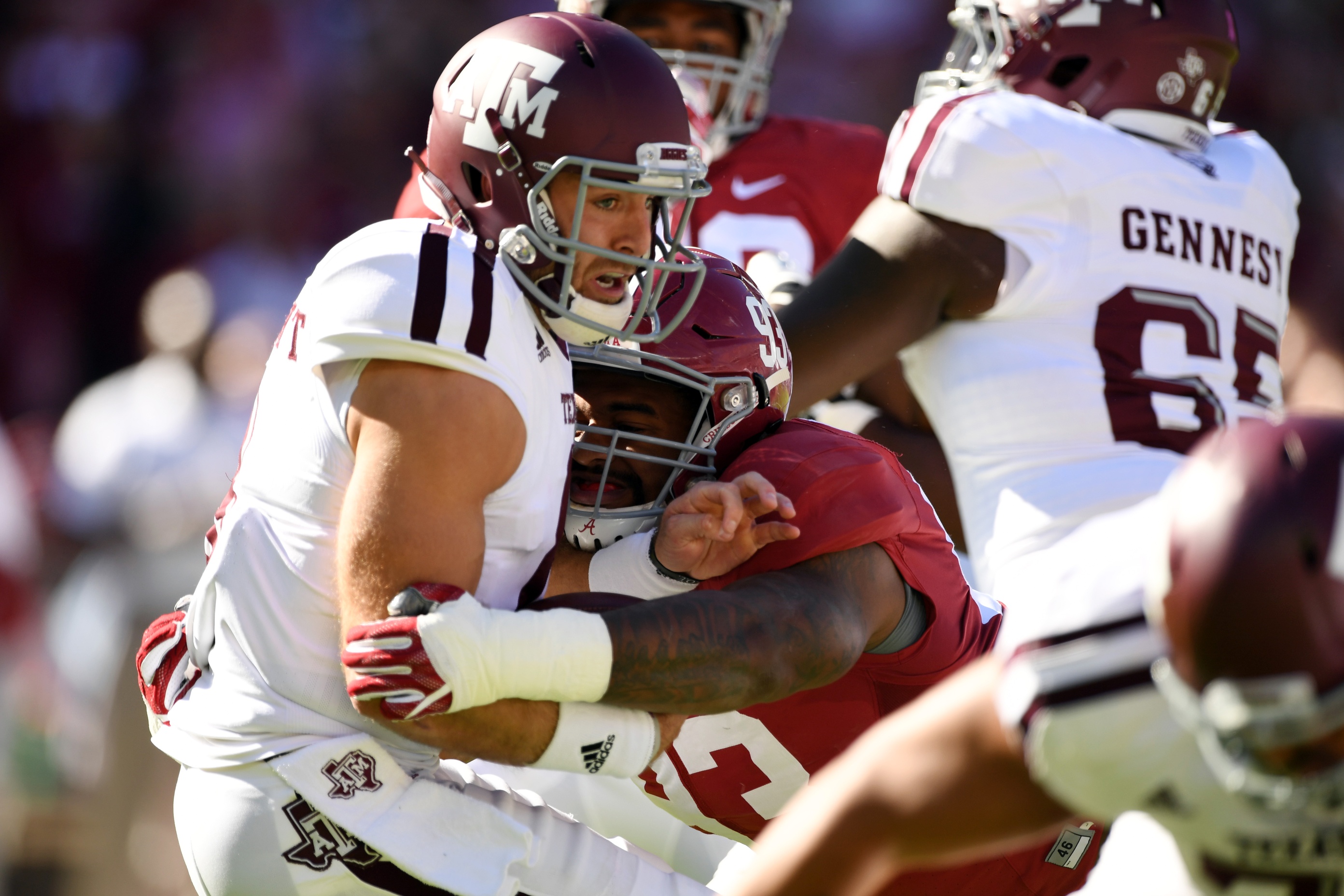 Oct 22, 2016; Tuscaloosa, AL, USA; Alabama Crimson Tide defensive lineman Jonathan Allen (93) sacks Texas A&M Aggies quarterback Trevor Knight (8) during the first quarter at Bryant-Denny Stadium. Mandatory Credit: John David Mercer-USA TODAY Sports