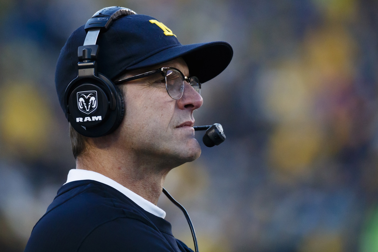 Oct 22, 2016; Ann Arbor, MI, USA; Michigan Wolverines head coach Jim Harbaugh on the sideline in the second half against the Illinois Fighting Illini at Michigan Stadium. Michigan won 41-8. Mandatory Credit: Rick Osentoski-USA TODAY Sports