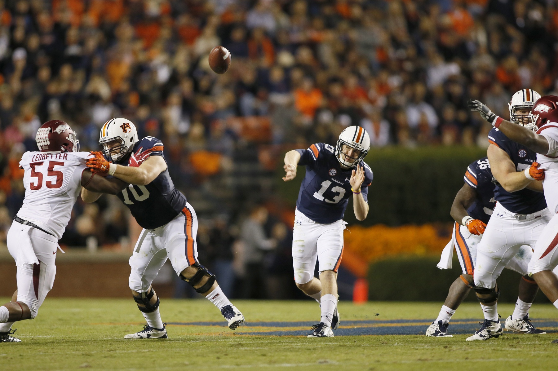 Oct 22, 2016; Auburn, AL, USA; Auburn Tigers quarterback Sean White (13) throws a pass against the Arkansas Razorbacks during the third quarter at Jordan Hare Stadium. The Tigers beat the Razorbacks 56-3. Mandatory Credit: John Reed-USA TODAY Sports