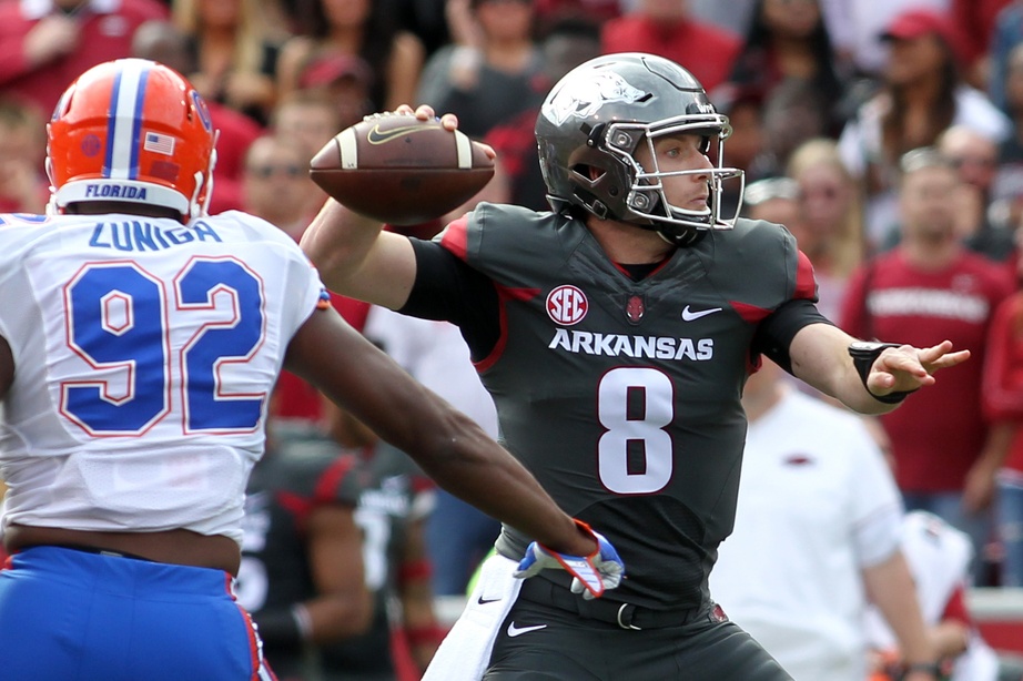 Nov 5, 2016; Fayetteville, AR, USA; Arkansas Razorbacks quarterback Austin Allen (8) passes in the first quarter against the Florida Gators at Donald W. Reynolds Razorback Stadium. Mandatory Credit: Nelson Chenault-USA TODAY Sports