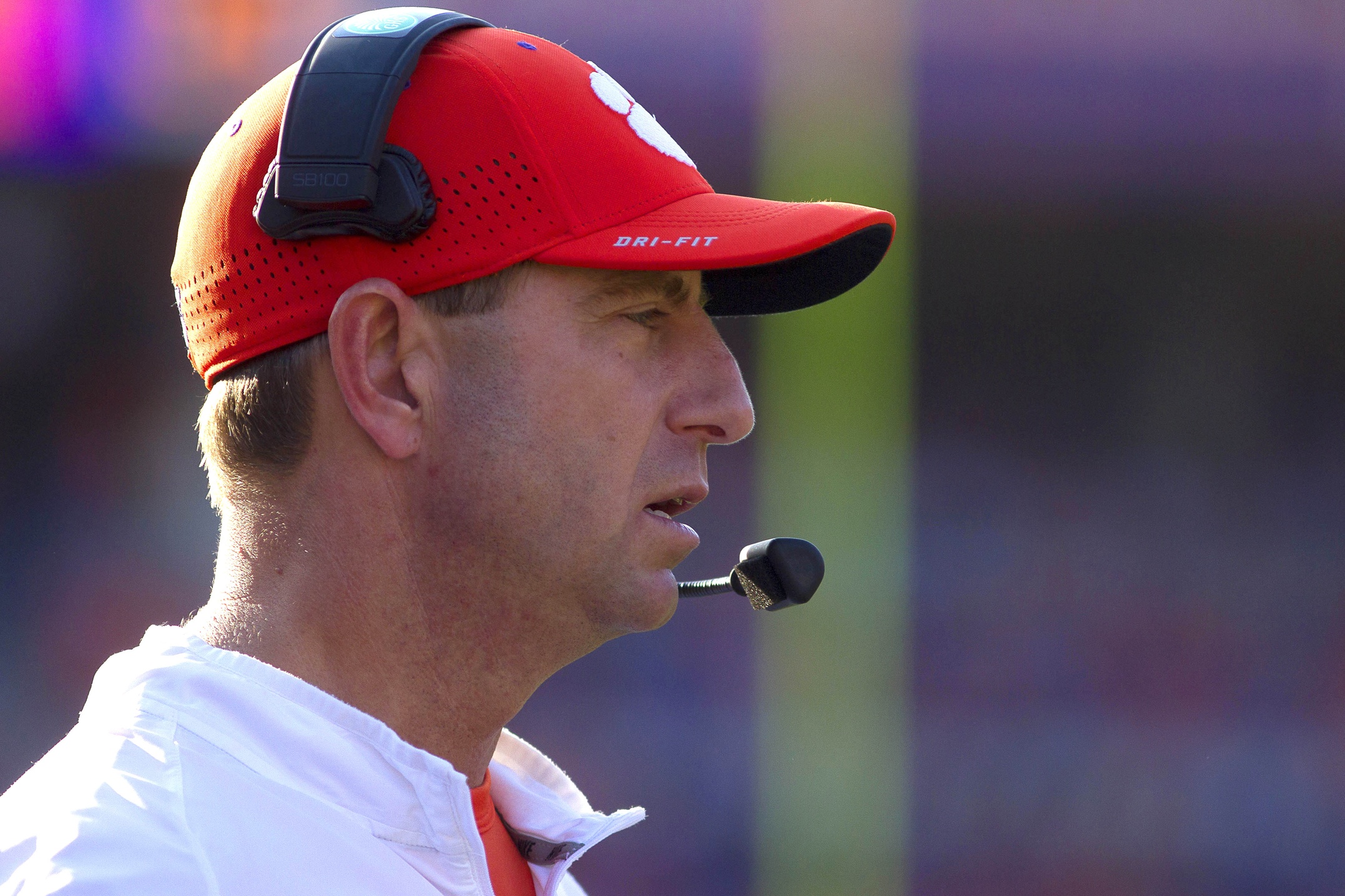 Nov 5, 2016; Clemson, SC, USA; Clemson Tigers head coach Dabo Swinney looks on during the second quarter against the Syracuse Orange at Clemson Memorial Stadium. Mandatory Credit: Joshua S. Kelly-USA TODAY Sports