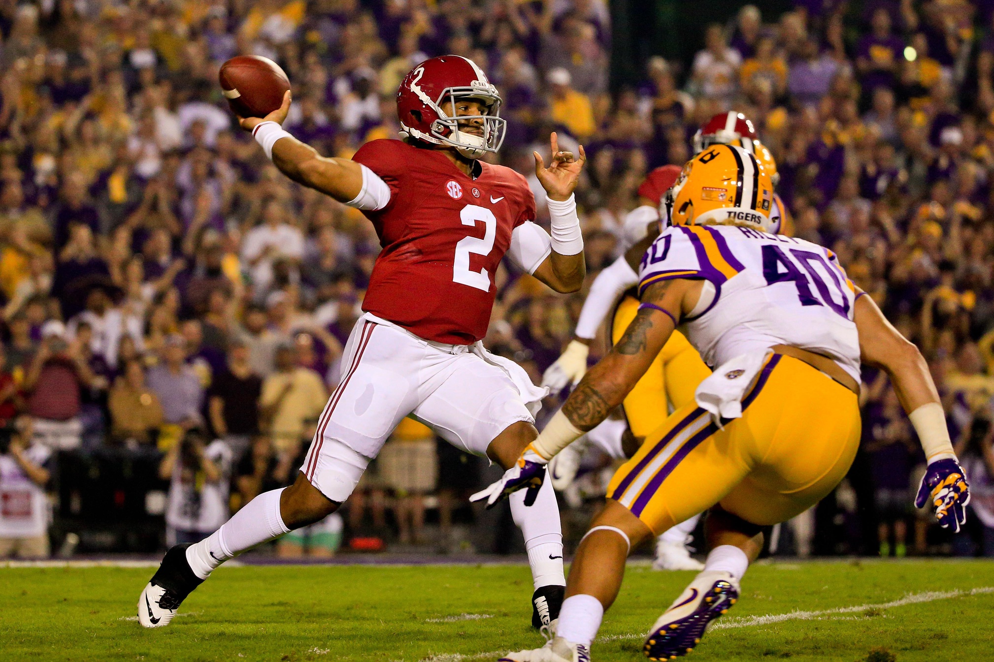 Nov 5, 2016; Baton Rouge, LA, USA; Alabama Crimson Tide quarterback Jalen Hurts (2) throws an interception against the LSU Tigers during the first quarter of a game at Tiger Stadium. Mandatory Credit: Derick E. Hingle-USA TODAY Sports