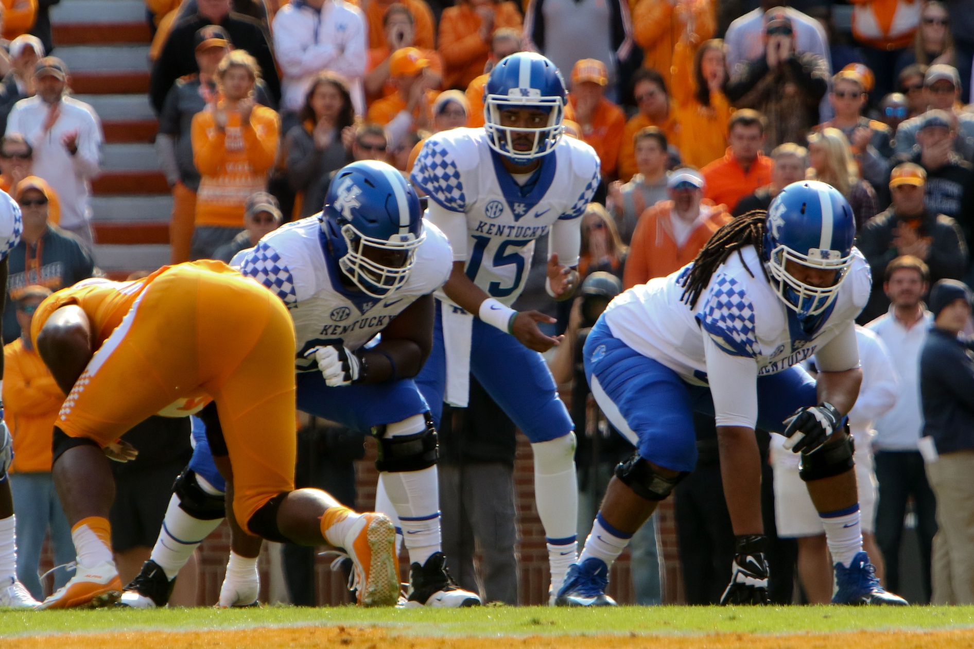 Nov 12, 2016; Knoxville, TN, USA; Kentucky Wildcats quarterback Stephen  Johnson (15) during the first half against the Tennessee Volunteers at Neyland Stadium. Mandatory Credit: Randy Sartin-USA TODAY Sports