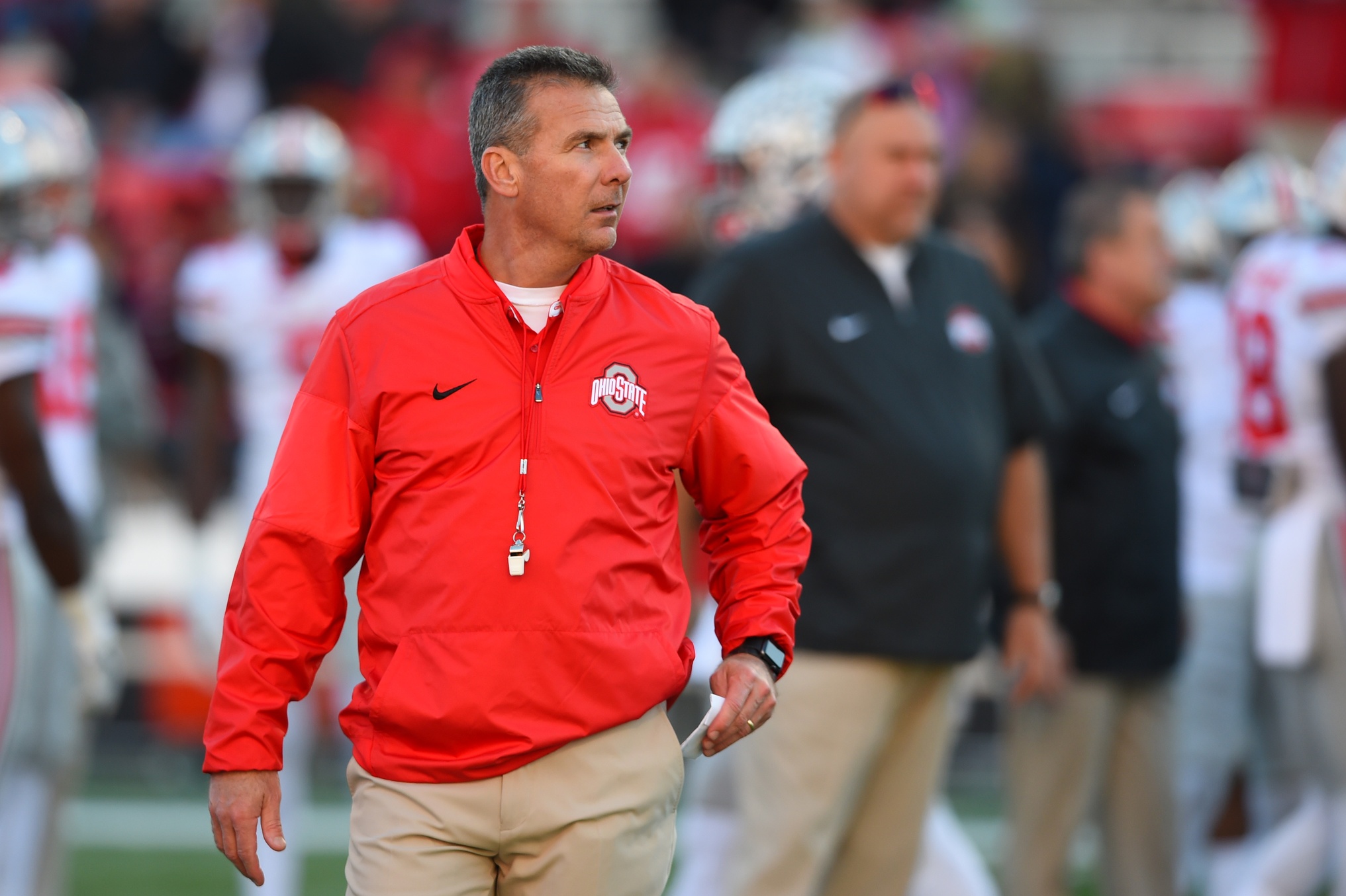Nov 12, 2016; College Park, MD, USA; Ohio State Buckeyes head coach Urban Meyer walks across the field prior to the game against the Maryland Terrapins at Capital One Field at Maryland Stadium. Mandatory Credit: Tommy Gilligan-USA TODAY Sports