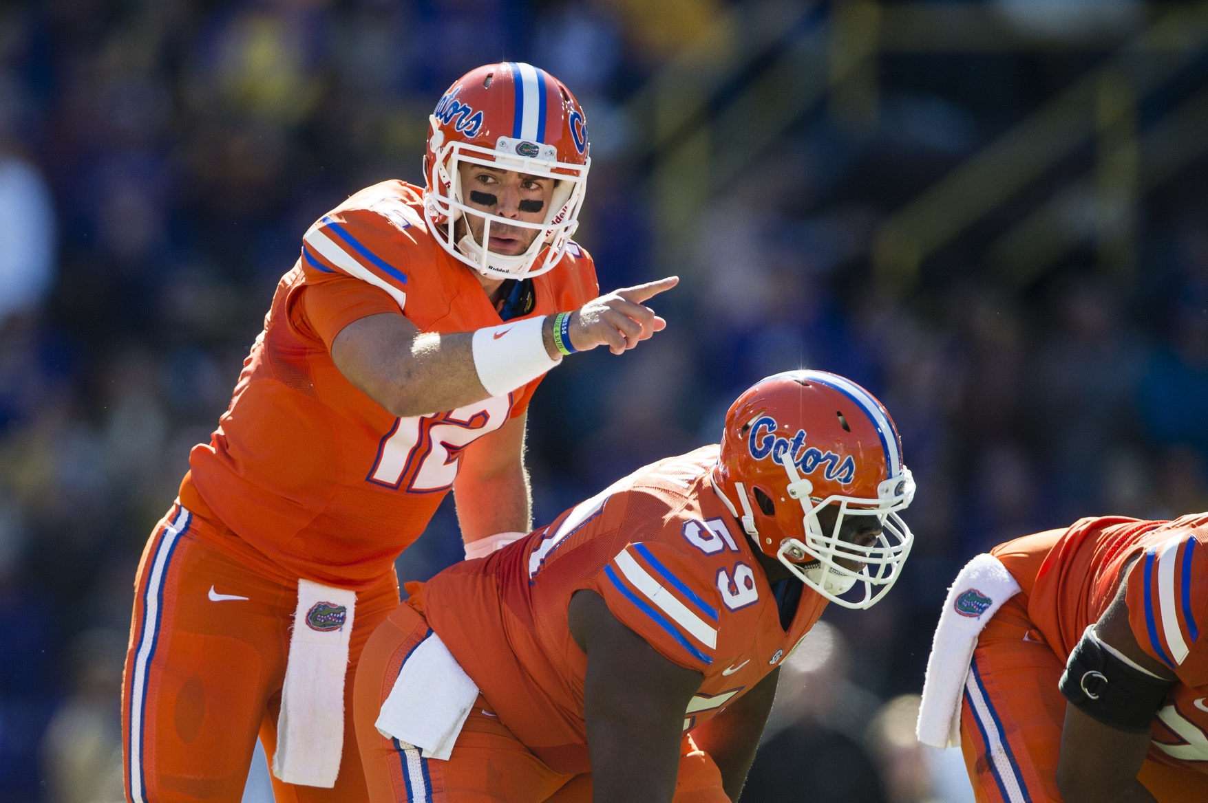 Nov 19, 2016; Baton Rouge, LA, USA; Florida Gators quarterback Austin Appleby (12) sets the play against the LSU Tigers during the first quarter at Tiger Stadium. Mandatory Credit: Jerome Miron-USA TODAY Sports