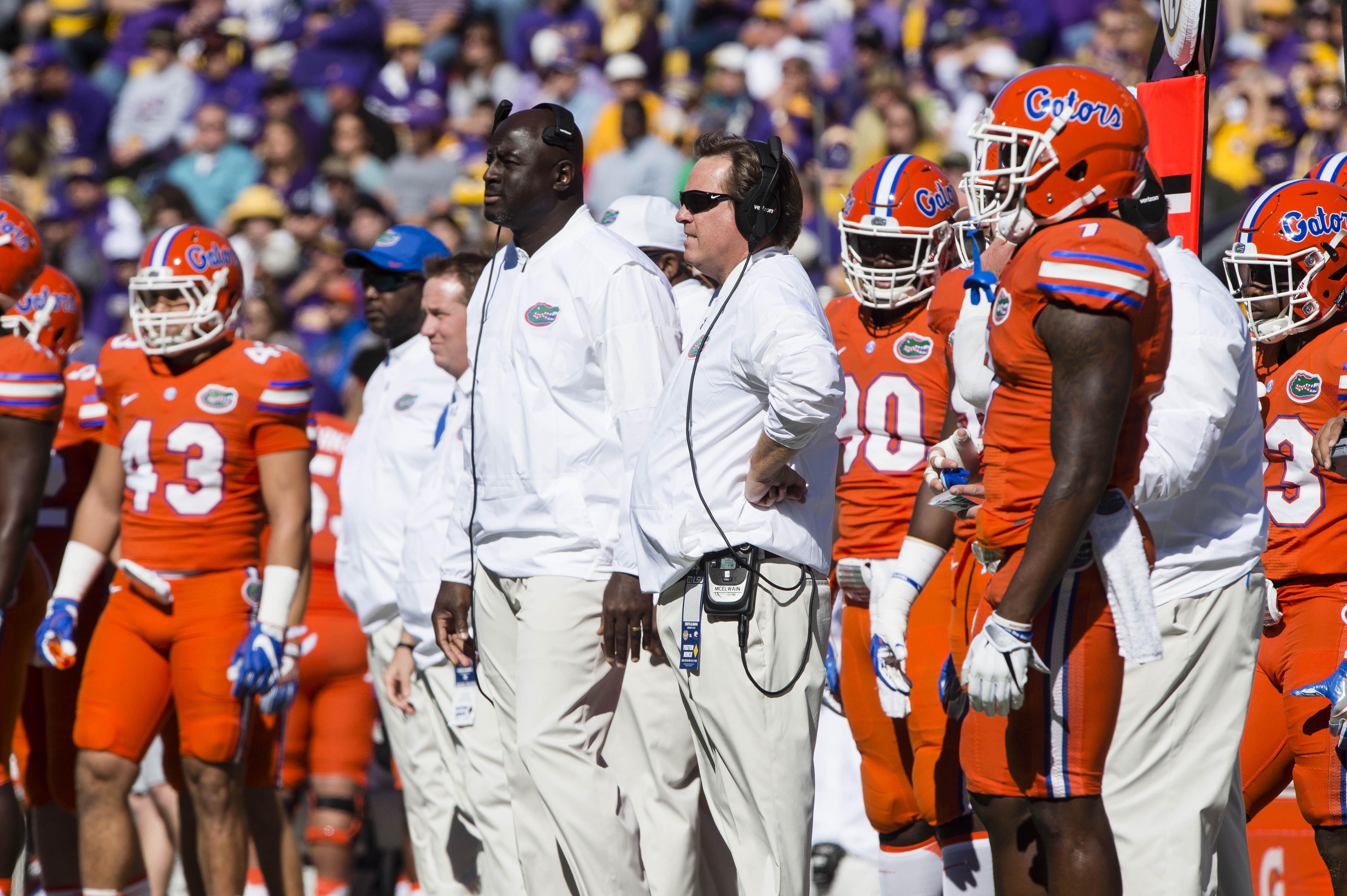 Nov 19, 2016; Baton Rouge, LA, USA; Florida Gators head coach Jim McElwain watches his team take on the LSU Tigers during the first quarter at Tiger Stadium. Mandatory Credit: Jerome Miron-USA TODAY Sports