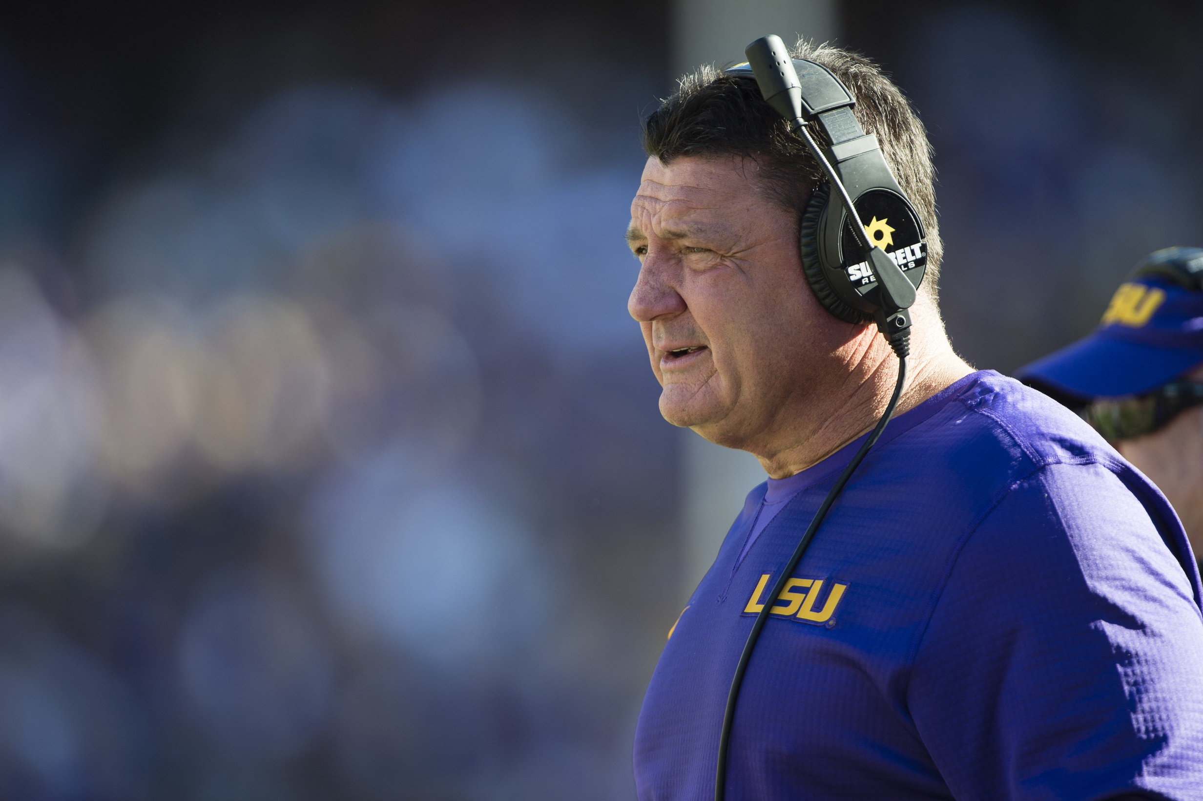 Nov 19, 2016; Baton Rouge, LA, USA; LSU Tigers interim head coach Ed Orgeron watches his team take on the Florida Gators during the second half at Tiger Stadium. The Gators defeat the Tigers 16-10. Mandatory Credit: Jerome Miron-USA TODAY Sports