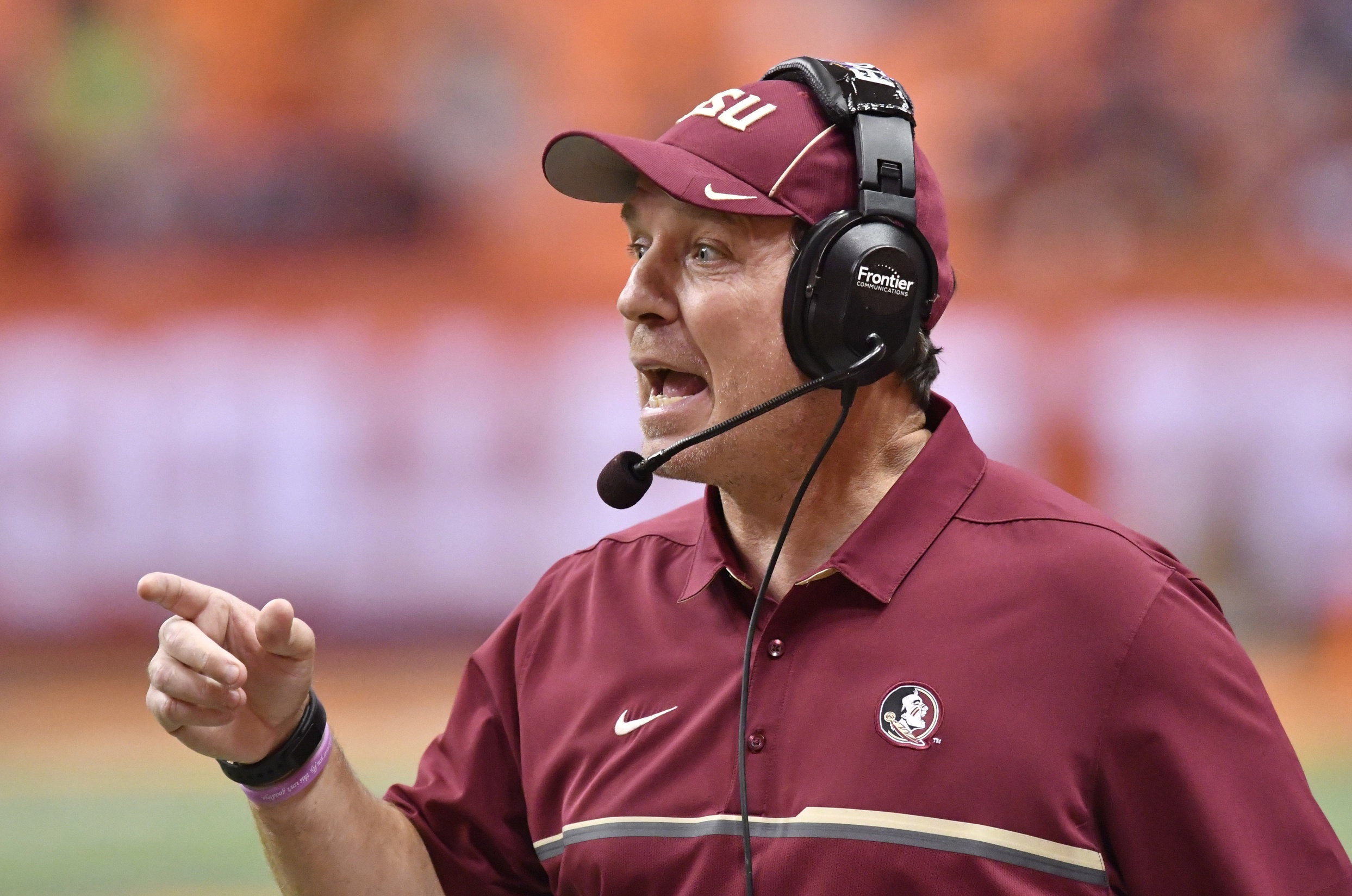 Nov 19, 2016; Syracuse, NY, USA; Florida State Seminoles head coach Jimbo Fisher has a word with an official to dispute a call during the fourth quarter of a game against the Syracuse Orange at the Carrier Dome. Florida State won 45-14. Mandatory Credit: Mark Konezny-USA TODAY Sports