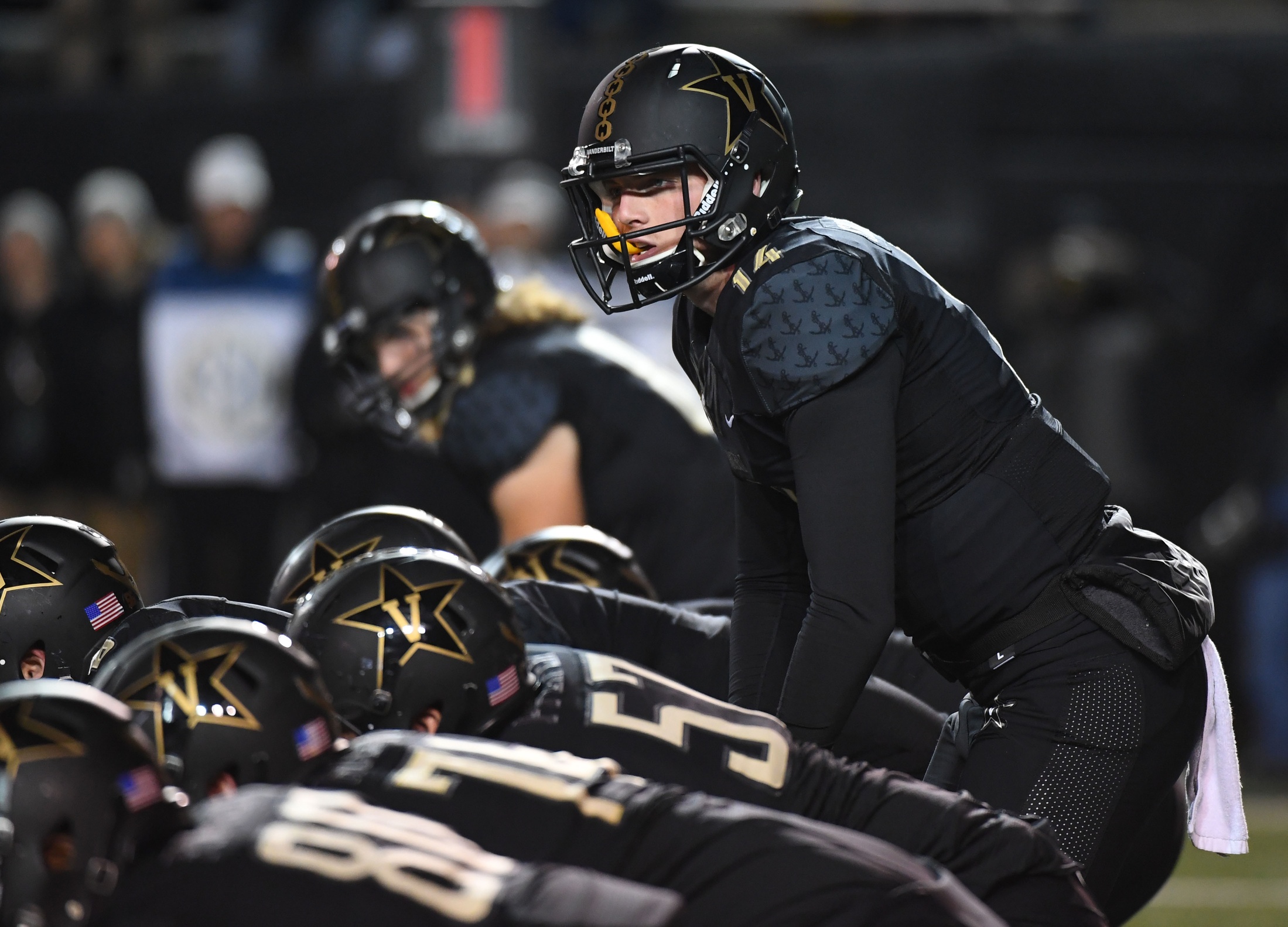 Nov 19, 2016; Nashville, TN, USA; Vanderbilt Commodores quarterback Kyle Shurmur (14) under center during the first half against the Mississippi Rebels at Vanderbilt Stadium. Mandatory Credit: Christopher Hanewinckel-USA TODAY Sports