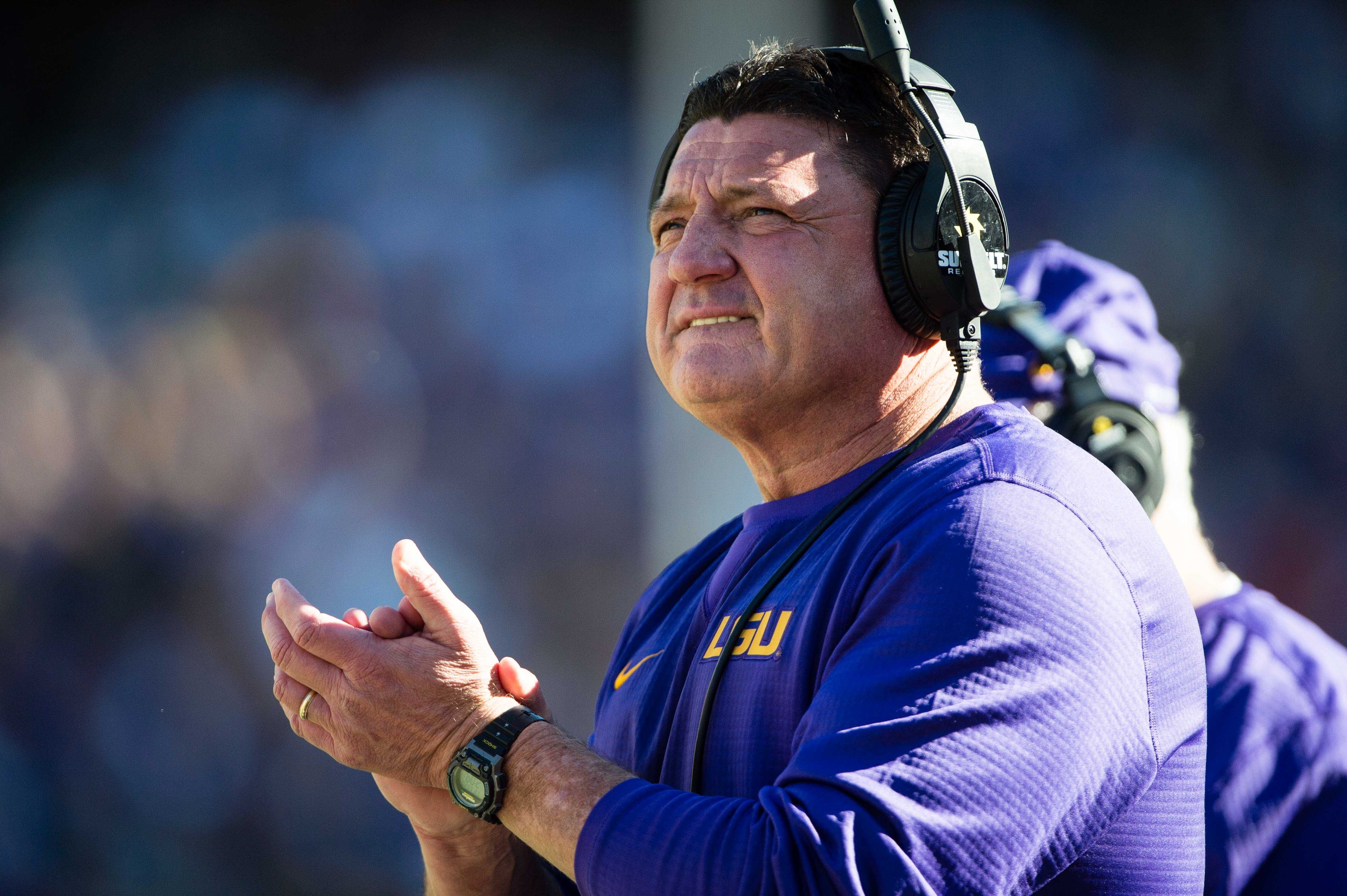 Nov 19, 2016; Baton Rouge, LA, USA; LSU Tigers interim head coach Ed Orgeron watches his team take on the Florida Gators during the game at Tiger Stadium. The Gators defeat the Tigers 16-10. Mandatory Credit: Jerome Miron-USA TODAY Sports