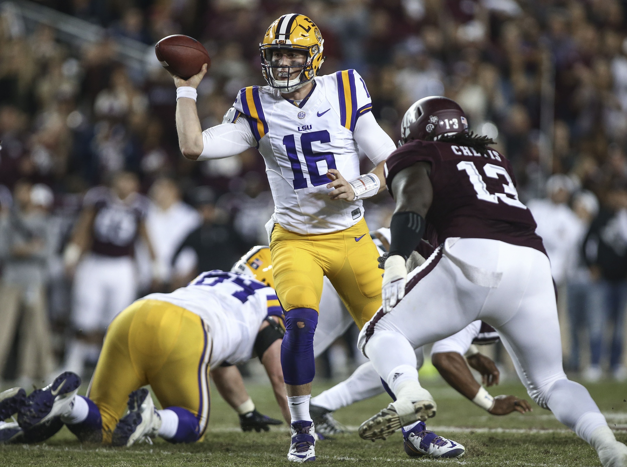 Nov 24, 2016; College Station, TX, USA; LSU Tigers quarterback Danny Etling (16) attempts a pass during the second quarter against the Texas A&M Aggies at Kyle Field. Mandatory Credit: Troy Taormina-USA TODAY Sports