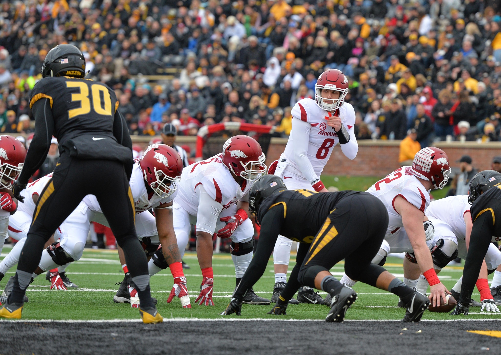 Nov 25, 2016; Columbia, MO, USA; Arkansas Razorbacks quarterback Austin Allen (8) goes under center during the first half against the Missouri Tigers at Faurot Field. Mandatory Credit: Denny Medley-USA TODAY Sports