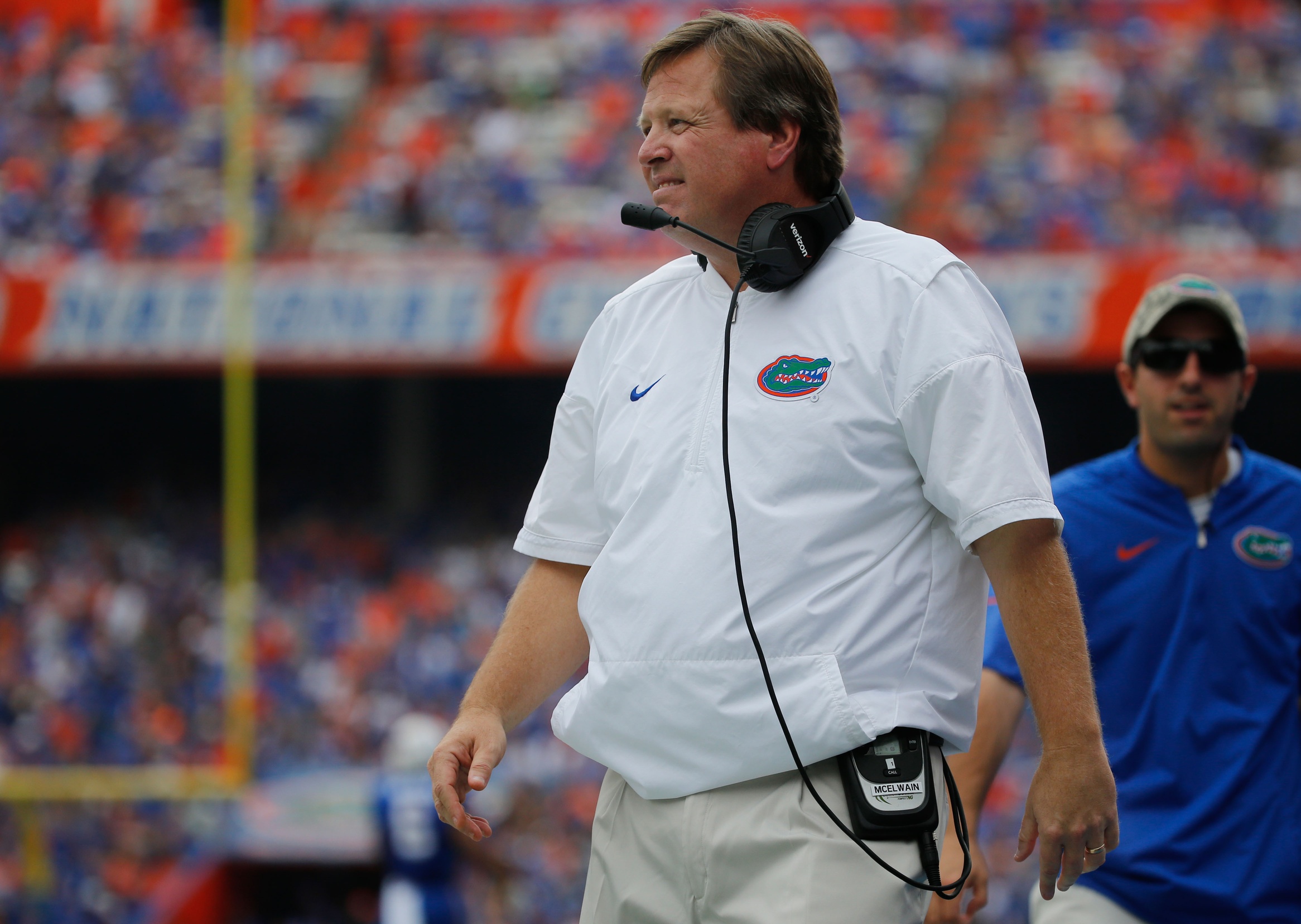 Nov 12, 2016; Gainesville, FL, USA; Florida Gators head coach Jim McElwain looks on against the South Carolina Gamecocks during the second quarter at Ben Hill Griffin Stadium. Mandatory Credit: Kim Klement-USA TODAY Sports