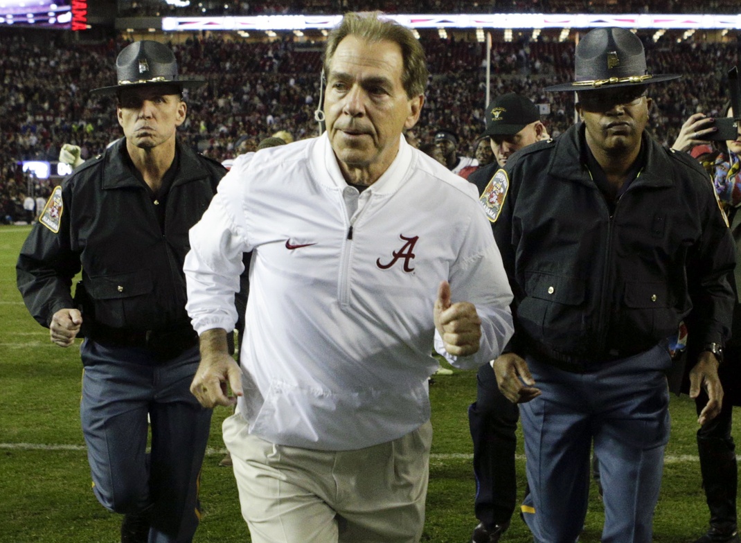 Nov 26, 2016; Tuscaloosa, AL, USA; Alabama Crimson Tide head coach Nick Saban leaves the field after his team defeated the Auburn Tigers at Bryant-Denny Stadium. The Tide defeats the Tigers 30-12. Mandatory Credit: Marvin Gentry-USA TODAY Sports