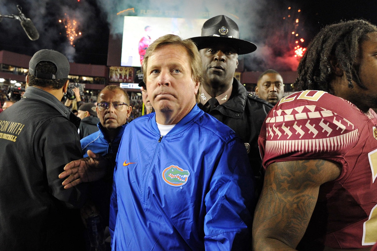 Nov 26, 2016; Tallahassee, FL, USA; Florida Gators head coach Jim McElwain reacts after the loss to the Florida State Seminoles at Doak Campbell Stadium. Mandatory Credit: Melina Vastola-USA TODAY Sports