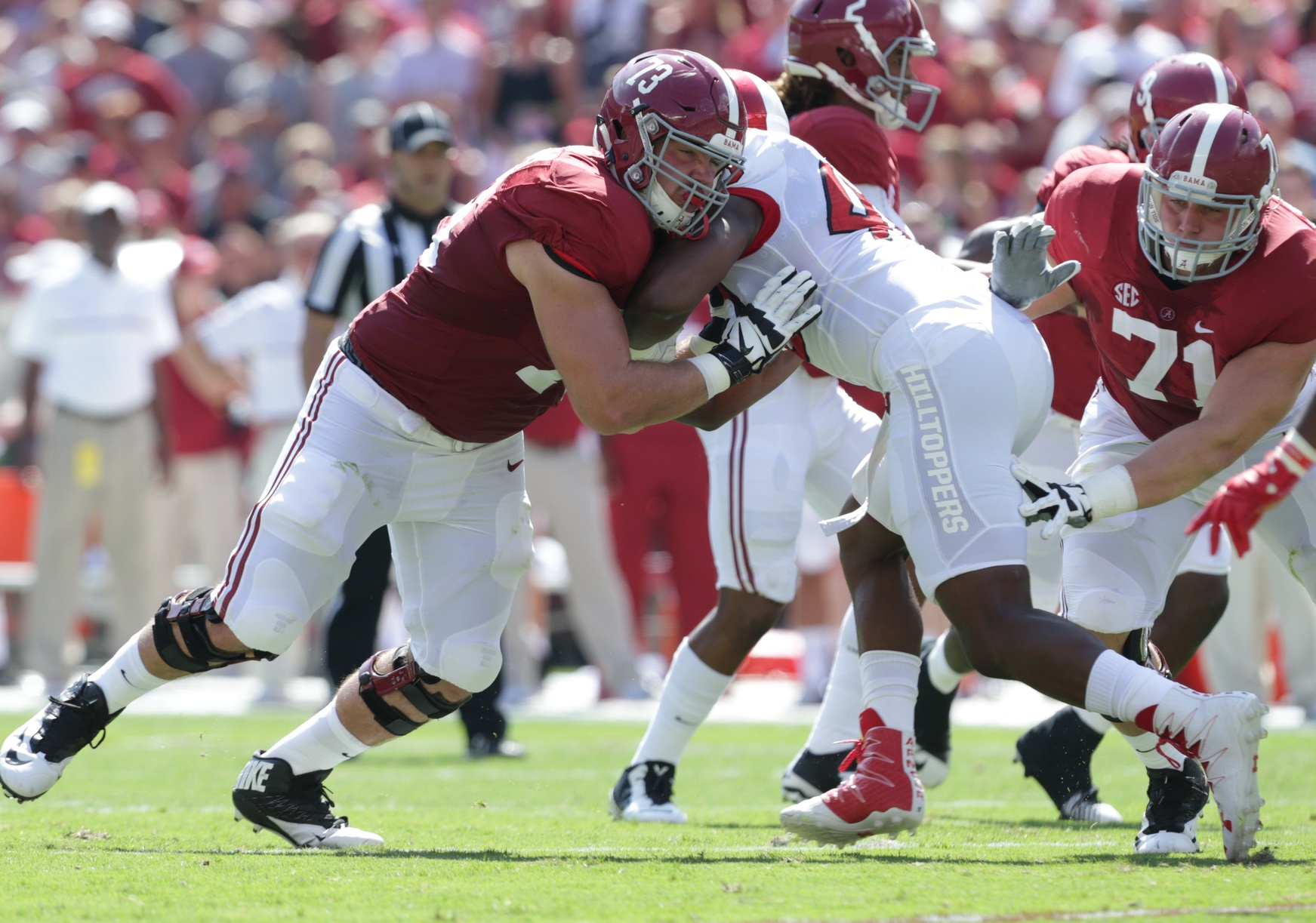 Sep 10, 2016; Tuscaloosa, AL, USA; Alabama Crimson Tide offensive lineman Jonah Williams (73) blocks Western Kentucky Hilltoppers defensive lineman Kalvin Robinson (48) at Bryant-Denny Stadium. Mandatory Credit: Marvin Gentry-USA TODAY Sports