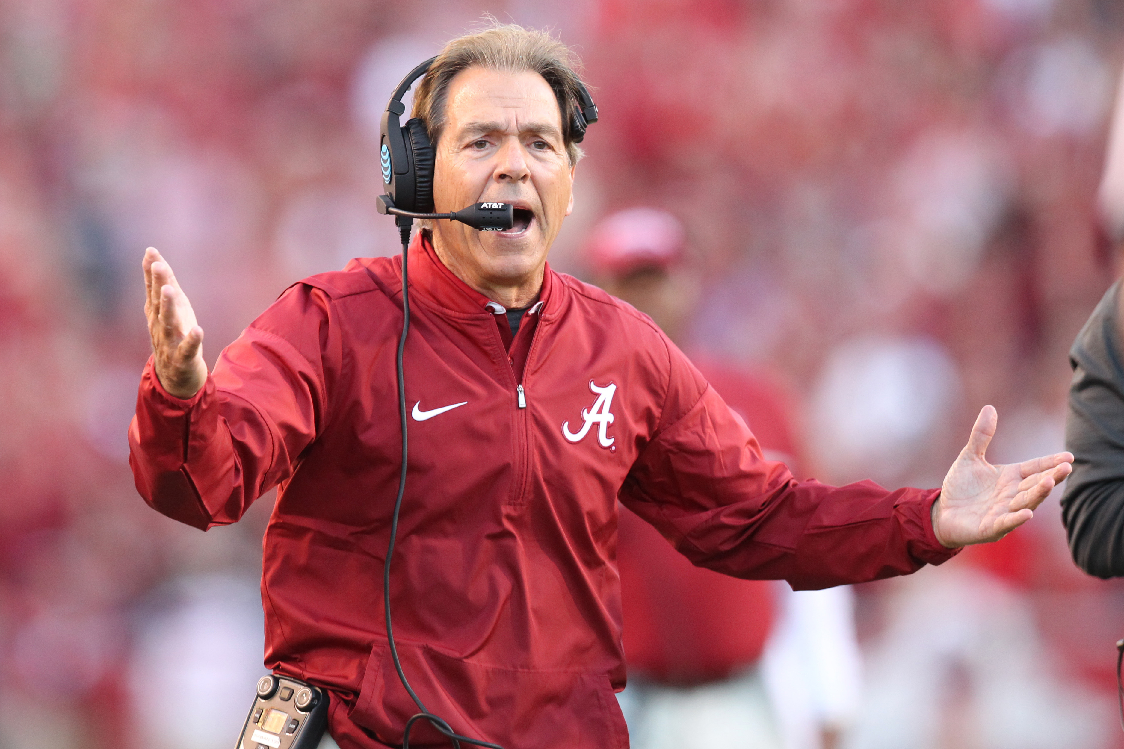 Oct 8, 2016; Fayetteville, AR, USA; Alabama Crimson Tide head coach Nick Saban reacts to a call during the first quarter against the Arkansas Razorbacks at Donald W. Reynolds Razorback Stadium. Mandatory Credit: Nelson Chenault-USA TODAY Sports