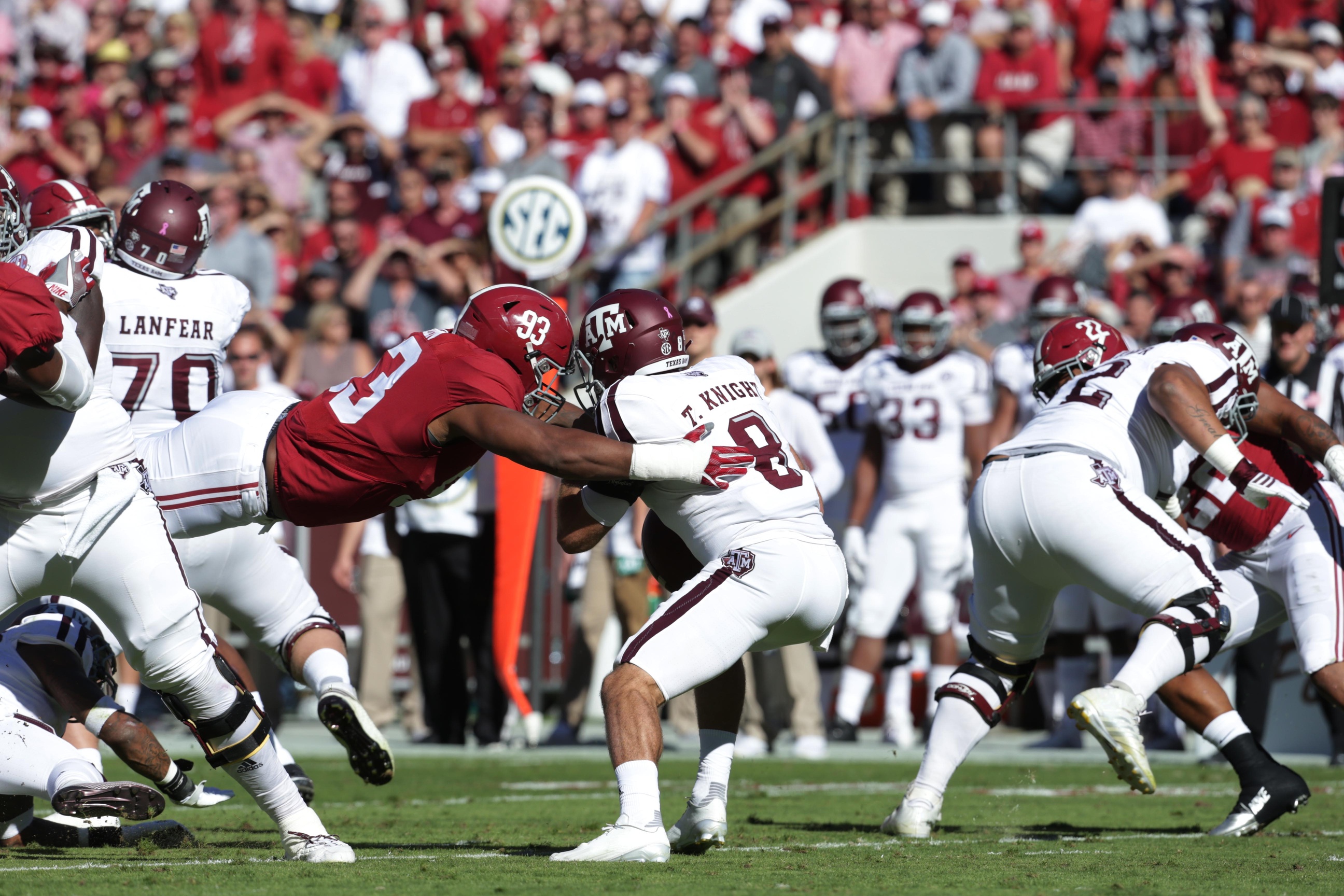 Oct 22, 2016; Tuscaloosa, AL, USA; Alabama Crimson Tide defensive lineman Jonathan Allen (93) hits Texas A&M Aggies quarterback Trevor Knight (8) during the first quarter at Bryant-Denny Stadium. Mandatory Credit: Marvin Gentry-USA TODAY Sports