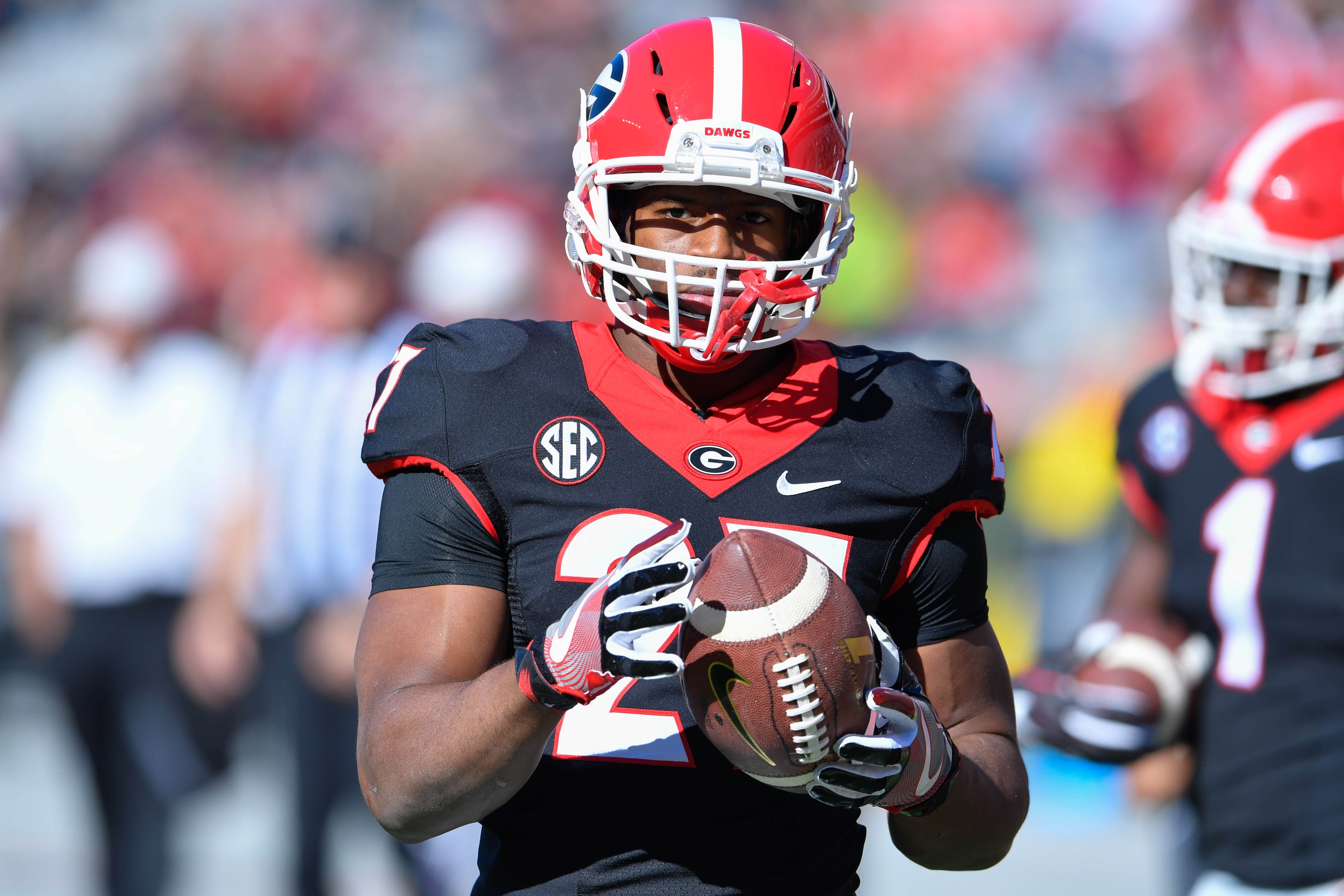 Nov 19, 2016; Athens, GA, USA; Georgia Bulldogs running back Nick Chubb (27) shown on the field before the game against the Louisiana-Lafayette Ragin Cajuns at Sanford Stadium. Mandatory Credit: Dale Zanine-USA TODAY Sports