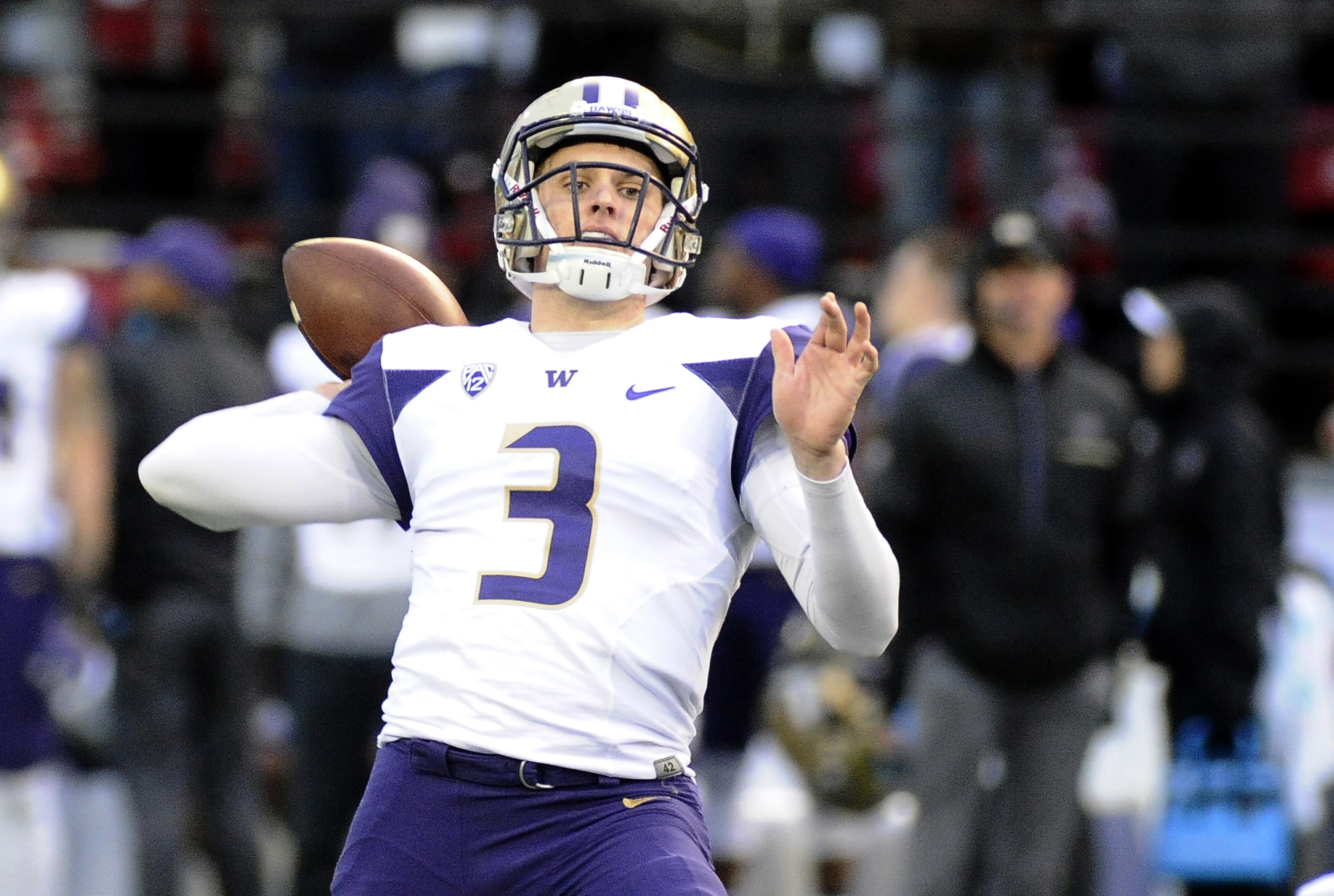 Nov 25, 2016; Pullman, WA, USA; Washington Huskies quarterback Jake Browning (3) throws a pass against the Washington State Cougars during the second half at Martin Stadium. The Huskies won 45-17. Mandatory Credit: James Snook-USA TODAY Sports