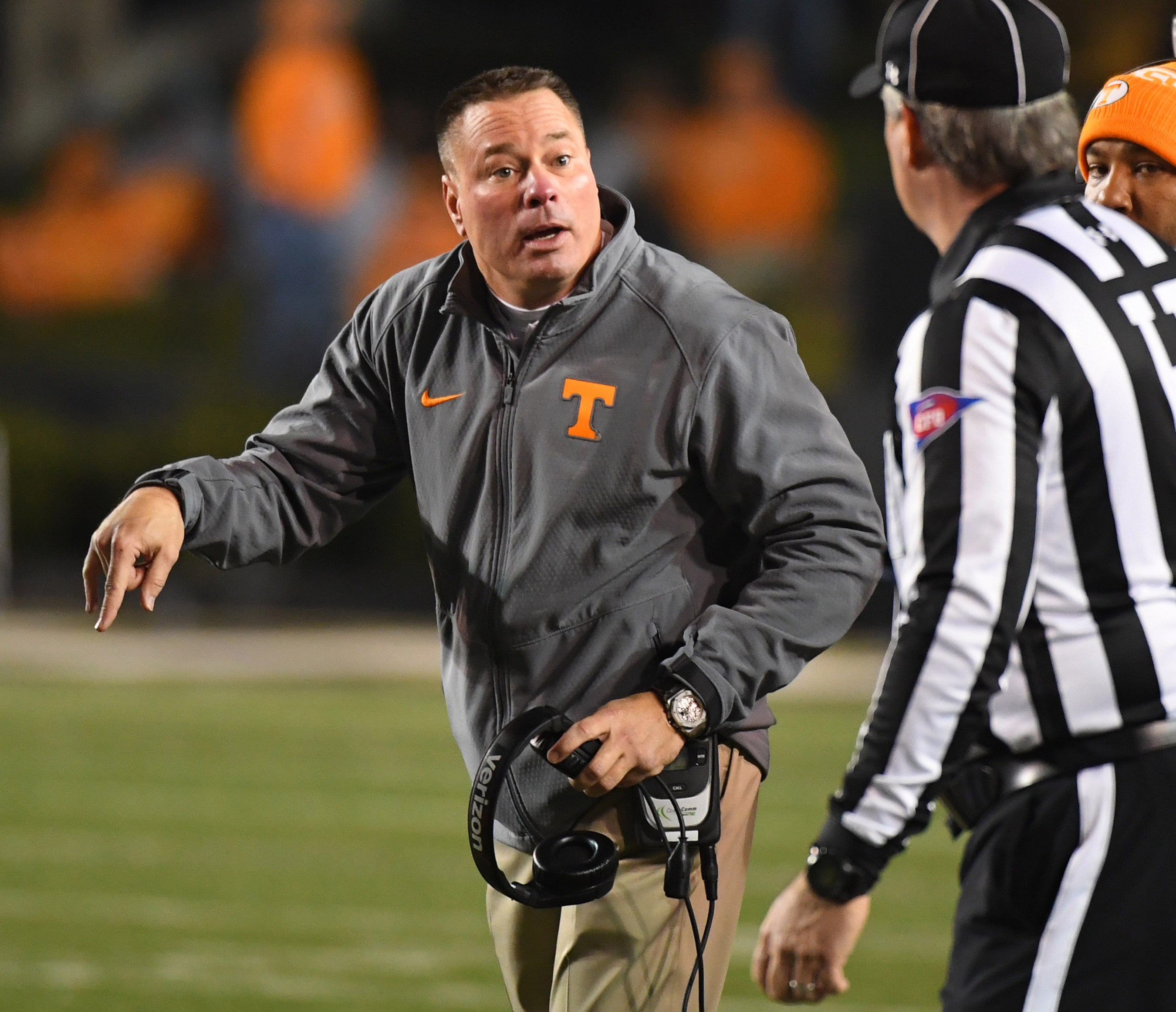 Nov 26, 2016; Nashville, TN, USA; Tennessee Volunteers head coach Butch Jones questions a call during the second half against the Vanderbilt Commodores at Vanderbilt Stadium. Vanderbilt won 45-34. Mandatory Credit: Christopher Hanewinckel-USA TODAY Sports