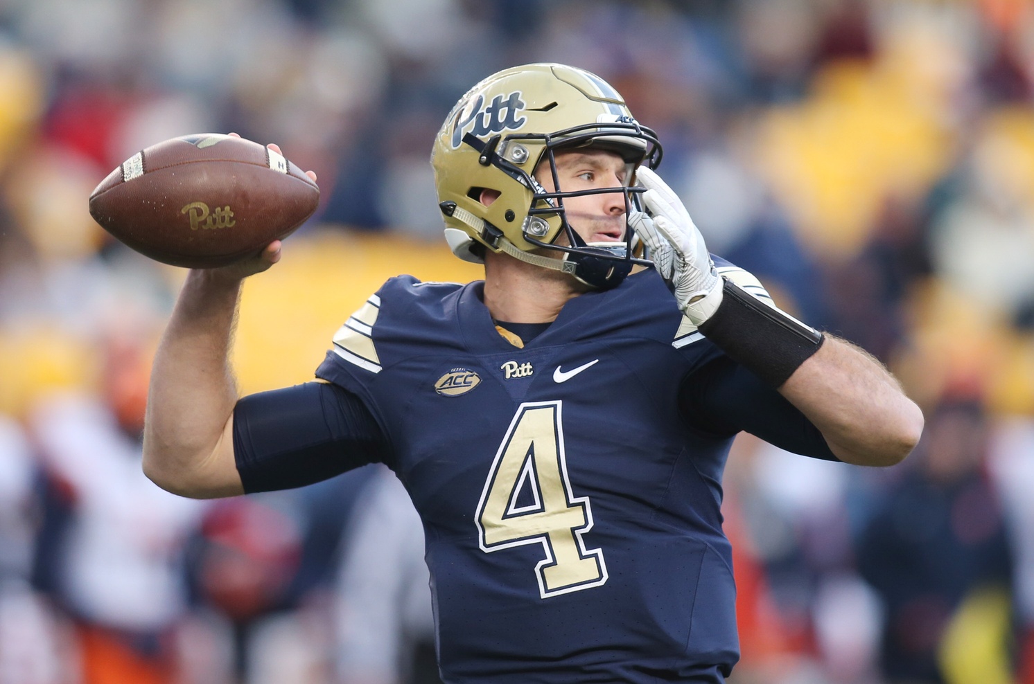 Nov 26, 2016; Pittsburgh, PA, USA; Pittsburgh Panthers quarterback Nathan Peterman (4) passes against the Syracuse Orange during the third quarter at Heinz Field. PITT won 76-61. Mandatory Credit: Charles LeClaire-USA TODAY Sports