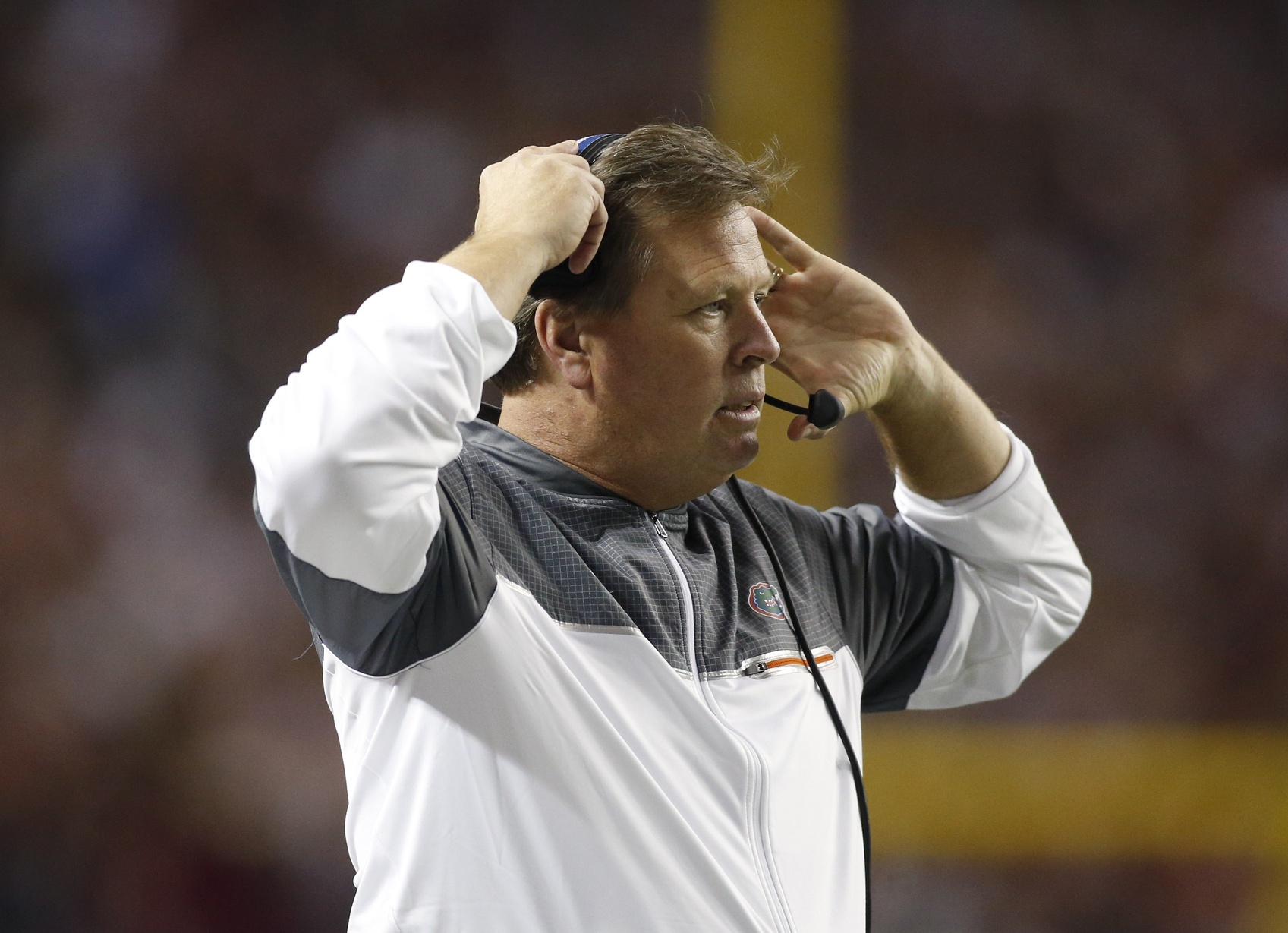 Dec 3, 2016; Atlanta, GA, USA; Florida Gators head coach Jim McElwain reacts during the first quarter of the SEC Championship college football game against the Alabama Crimson Tide at Georgia Dome. Mandatory Credit: Brett Davis-USA TODAY Sports
