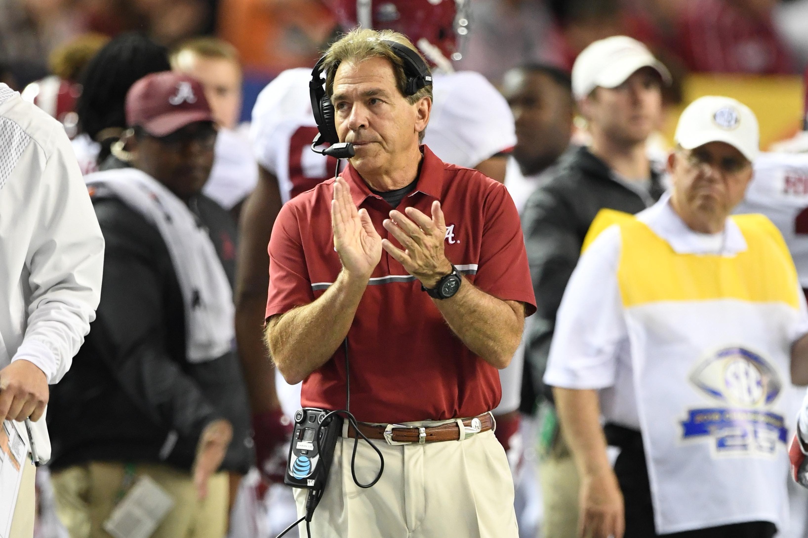 Dec 3, 2016; Atlanta, GA, USA; Alabama Crimson Tide head coach Nick Saban claps during the first quarter of the SEC Championship college football game against the Florida Gators at Georgia Dome. Mandatory Credit: John David Mercer-USA TODAY Sports