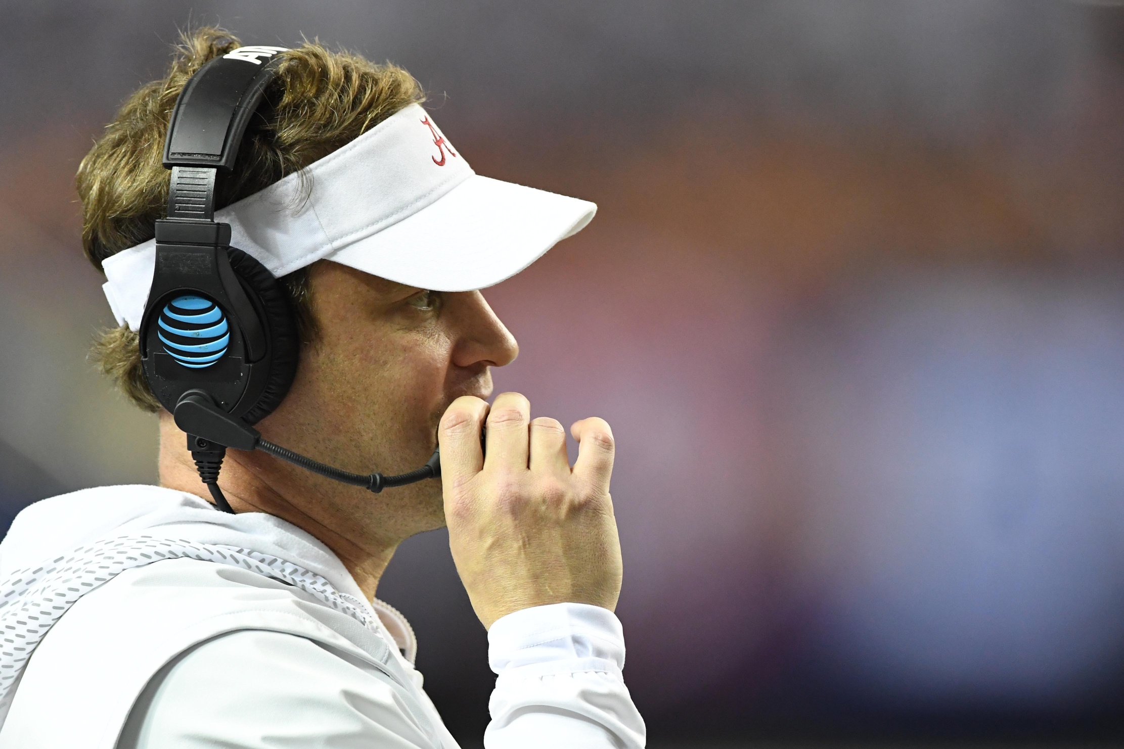 Dec 3, 2016; Atlanta, GA, USA; Alabama Crimson Tide offensive coordinator Lane Kiffin looks on during the fourth quarter of the SEC Championship college football game against the Florida Gators at Georgia Dome. Mandatory Credit: John David Mercer-USA TODAY Sports