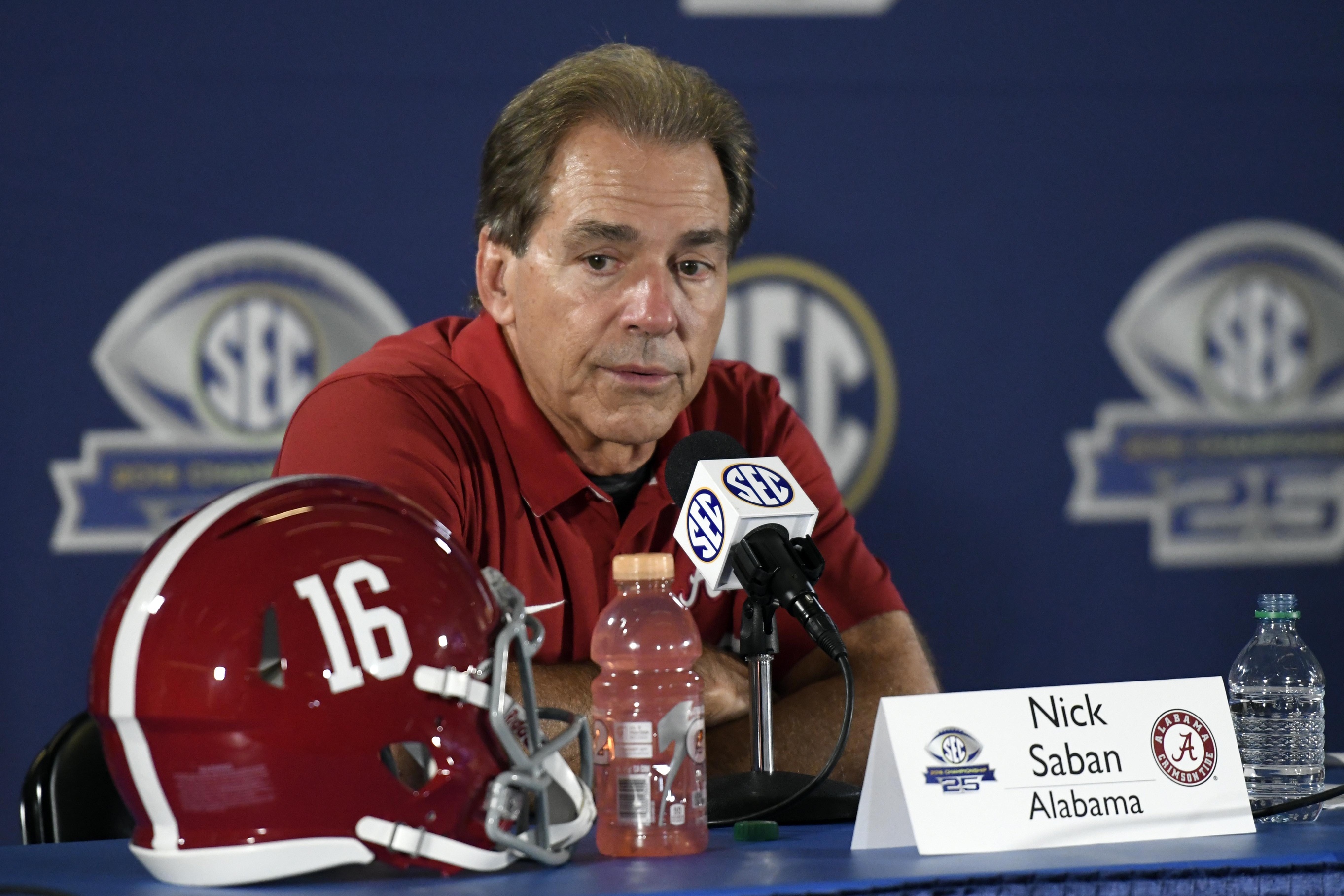 Dec 3, 2016; Atlanta, GA, USA; Alabama Crimson Tide head coach Nick Saban speaks to the press after the SEC Championship college football game against the Florida Gators at Georgia Dome. Alabama Crimson Tide won 54-16. Mandatory Credit: Dale Zanine-USA TODAY Sports