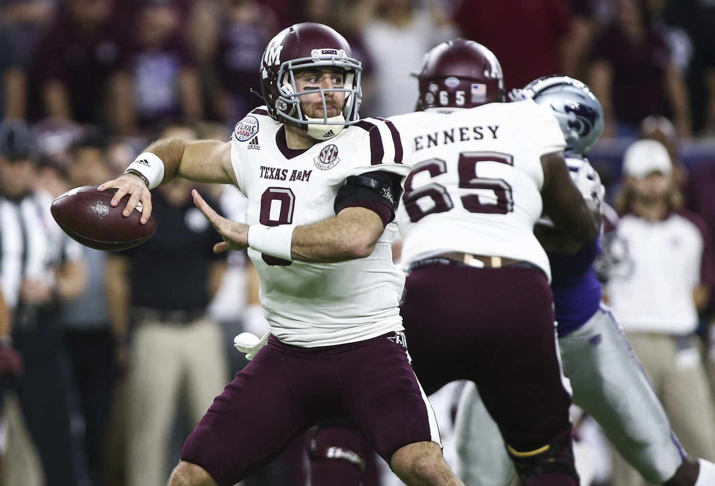 Dec 28, 2016; Houston, TX, USA; Texas A&M Aggies quarterback Trevor Knight (8) attempts a pass during the first quarter against the Kansas State Wildcats at NRG Stadium. Mandatory Credit: Troy Taormina-USA TODAY Sports